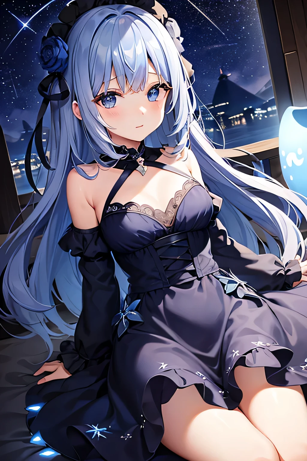 girl、Star pattern dress、night sky、moonlight、Dreaming expression、Gaze at the stars、Deep blue and black gradation、Glowing stars、Comfortable relaxation、Dreamy imagination