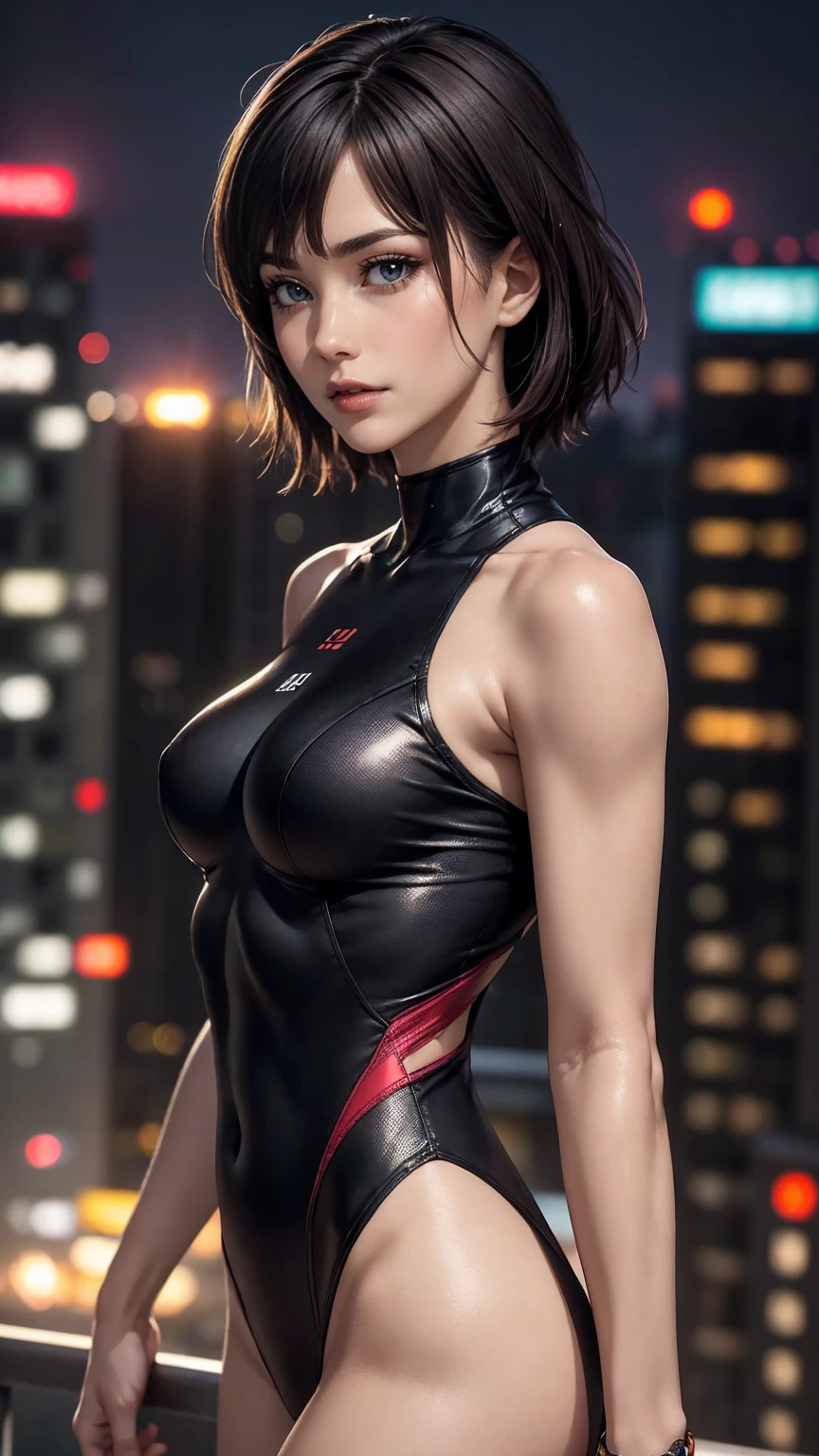((最high quality, 8K, masterpiece: 1.3, Ultra HD, high quality, 最high quality, High resolution, realism)) 、Motoko Kusanagi from Ghost in the Shell、slender、Slender, muscular body that's toned like an athlete's、I don't want my head to disappear from the screen.、Accessorize your wrist、Wearing red nail polish、I have a peticure、(high color saturation:1.0), (highly detailed skin), (最high quality:1.0), (超High resolution:1.0) ,(realistic:1.0), (Super detailed:1.0), (8K, Raw photo:1.1), wear a bodysuit、Being on the roof of a skyscraper at night