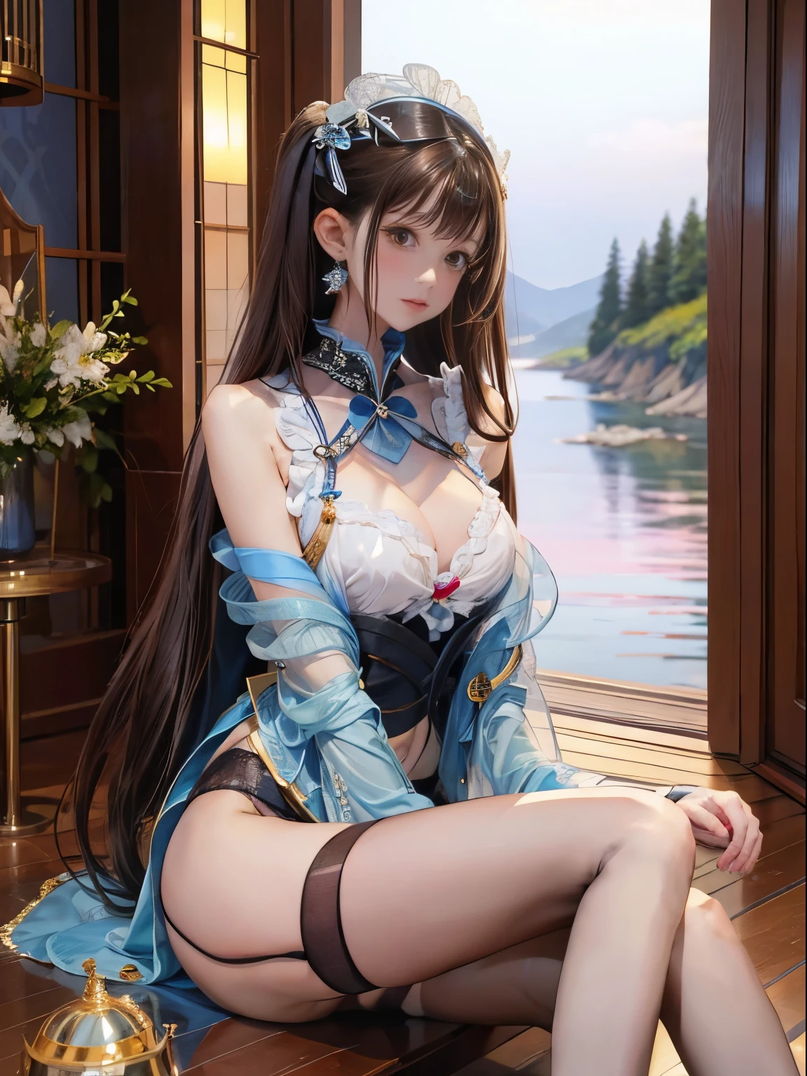 （enrich the image，Masterpiece level quality）Beautiful 8K CG artwork，posture like a goddess，sitting on the river，posture exercises，slim and soft，transparent skin，black hair、The beauty of super long hair, super long straight hair，white and juicy skin，big breasts underwear uniform，Outlook part 1.2x enhanced silhouette effect，Exquisitely transparent blues pattern pajamas，The details are intricate and exquisite，The background is a little blurry，Seductive and greedy legs seduction，Drool，J Cup Big，blush，japanese goddess，perfect body slim curves，seaside scenery，