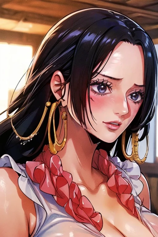 (((masterpiece))), (((best quality))), ((ultra-detailed)), (highly detailed CG illustration), Boa Hancock, (nsfw:1.4), (masterpiece:1.5), Detailed Photo, Sexy, (Best Quality: 1.4), (1girl), Beautiful Face, (Black Hair, long Hair: 1.3), Beautiful Hairstyle, beautiful detail eyes, (realistic skin), beautiful skin, absurd, attractive, ultra high resolution, high definition, (sexually aroused:1.5), Pinkish white skin, cool white light, sexy pose, Beautiful , white background, pink soft white light, Wear a white tank top, (bukkake:1.8), (milf:1.5), (cum on face:1.4)