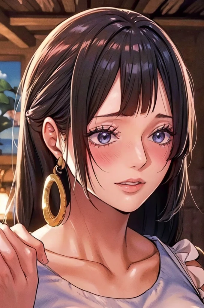 (((masterpiece))), (((best quality))), ((ultra-detailed)), (highly detailed CG illustration), Boa Hancock, (nsfw:1.4), (masterpiece:1.5), Detailed Photo, Sexy, (Best Quality: 1.4), (1girl), Beautiful Face, (Black Hair, long Hair: 1.3), Beautiful Hairstyle, beautiful detail eyes, (realistic skin), beautiful skin, absurd, attractive, ultra high resolution, high definition, (sexually aroused:1.5), Pinkish white skin, cool white light, sexy pose, Beautiful , white background, pink soft white light, Wear a white tank top, 