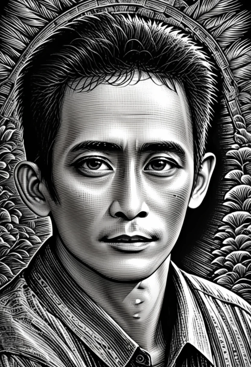 a half body portrait,Scratch board illustration, Indonesia man 35years, in a ancient floral elips frame,black eyes,black hair, close up portrait, centered,intricate details,high resolution,4k, illustration style, Over all Detail, Scratch board illustration,wong-maret