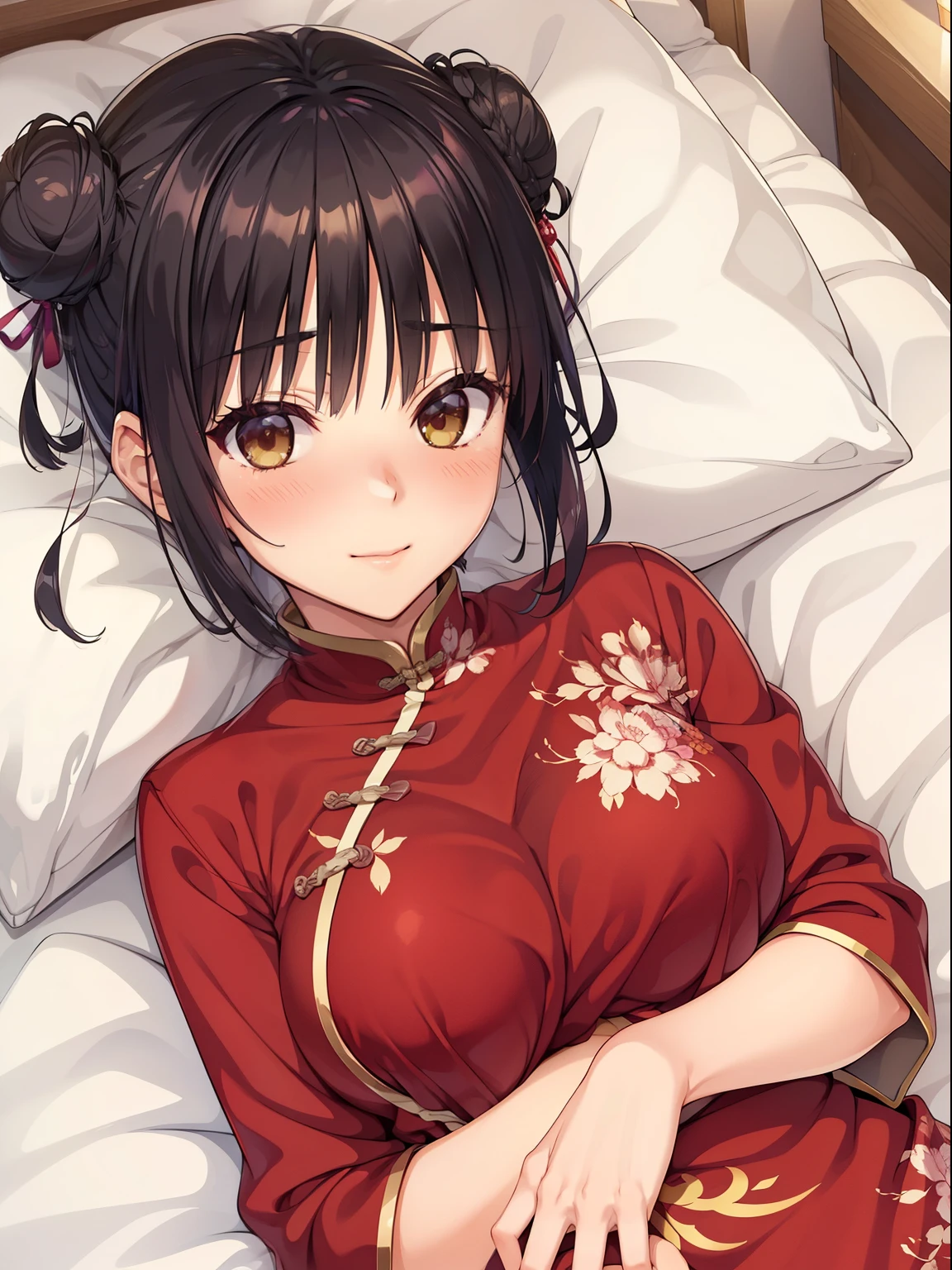 (highest quality, High resolution, perfect pixel, Depth of the bounds written, 4k, beautiful anime girl),  
looking at the viewer, 
perfect body,  

sntm, 1girl, alternate hairstyle, double bun, large breasts, short hair, 

(blush:1.2), shy smile, 
(red china dress), 
in bedroom, 

Hands on uterus, lying on bed, from above, upper body, 