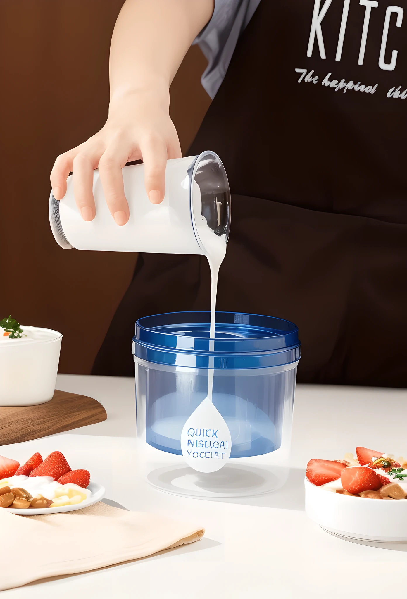 In this image, a clear plastic yogurt maker labeled "QUICK MIZUKIRI YOGURT" is placed on a wooden cutting board. The inside of the container was filled with a translucent liquid and a white solid. It was speculated that the liquid was water and the solid was yogurt. The container has a simple design, in clear and navy blue tones, and comes with an easy-open lid. The wooden cutting board is sturdy and has a dark brown natural wood grain. On one side of the cutting board is a small dollop of yogurt and a small wooden spoon. The background is blurred, showing sliced strawberries and an empty bowl on the table. The overall tone is warm, the light is natural, and the composition is balanced, conveying a comfortable feeling of home-made healthy food. This scene may also imply a simple, convenient and healthy lifestyle.