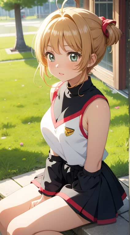 masterpiece, best quality, high resolution, pixel perfect, depth of field, 1 girl, single, alone, beautiful anime girl, Beautiful art style, (Detailed face), (blush), Anime CG style, (medium breasts), good lighting, Perfect body, lips open, (Sakura Kinomoto), glossy lips, split, Raise your legs high, cheerleader, diaphragm, sitting, (Knees bent:1.2), Grass