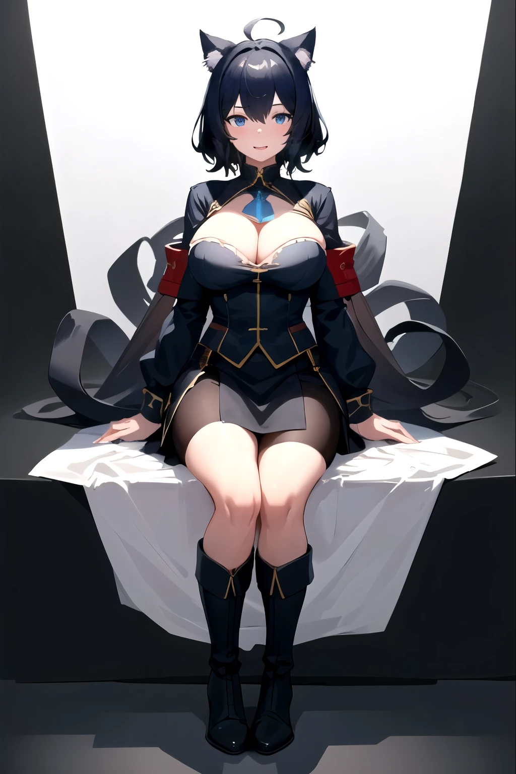((upright)), ((arm at side)), looking at the viewer, simple background、white background, 1 girl, open your mouth, smile, Virtual YouTuber、with a girl、((highest quality, expensive_solve, clear_image)),(black hair), (black cat ears), (Ahoge), (ridiculously short hair), (wavy hair), (blue eyes),、laughter、very 、whole body、Draw to the toes、I put boots on my feet、cleavage viessed in military uniform、Reference sheet、((show viewer))。