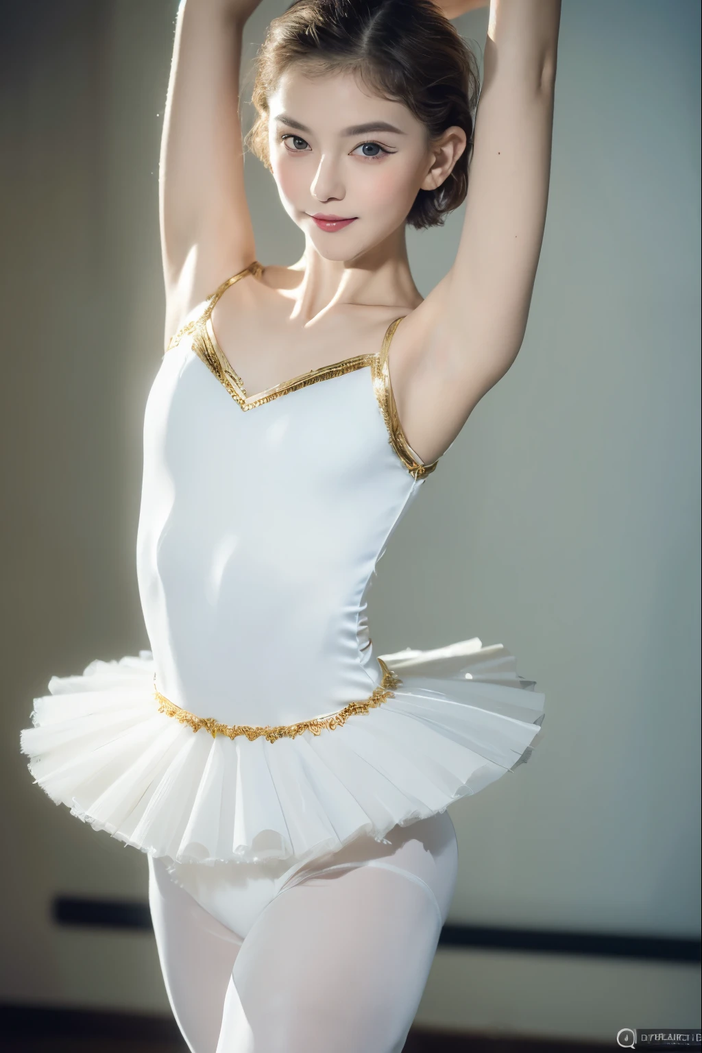 ((best quality, 8K, masterpiece:1.3)), focus:1.2, Ballet Dance Photography,Beautiful dance,A beauty with a plump and perfect body, ((Perm,short hair:1.2)), (Pure white ballet dancer costume:1.5), Highly detailed facial and skin textures, delicate eyes, double eyelids,whiten skin,(Keep your mouth shut:1.3),Smile