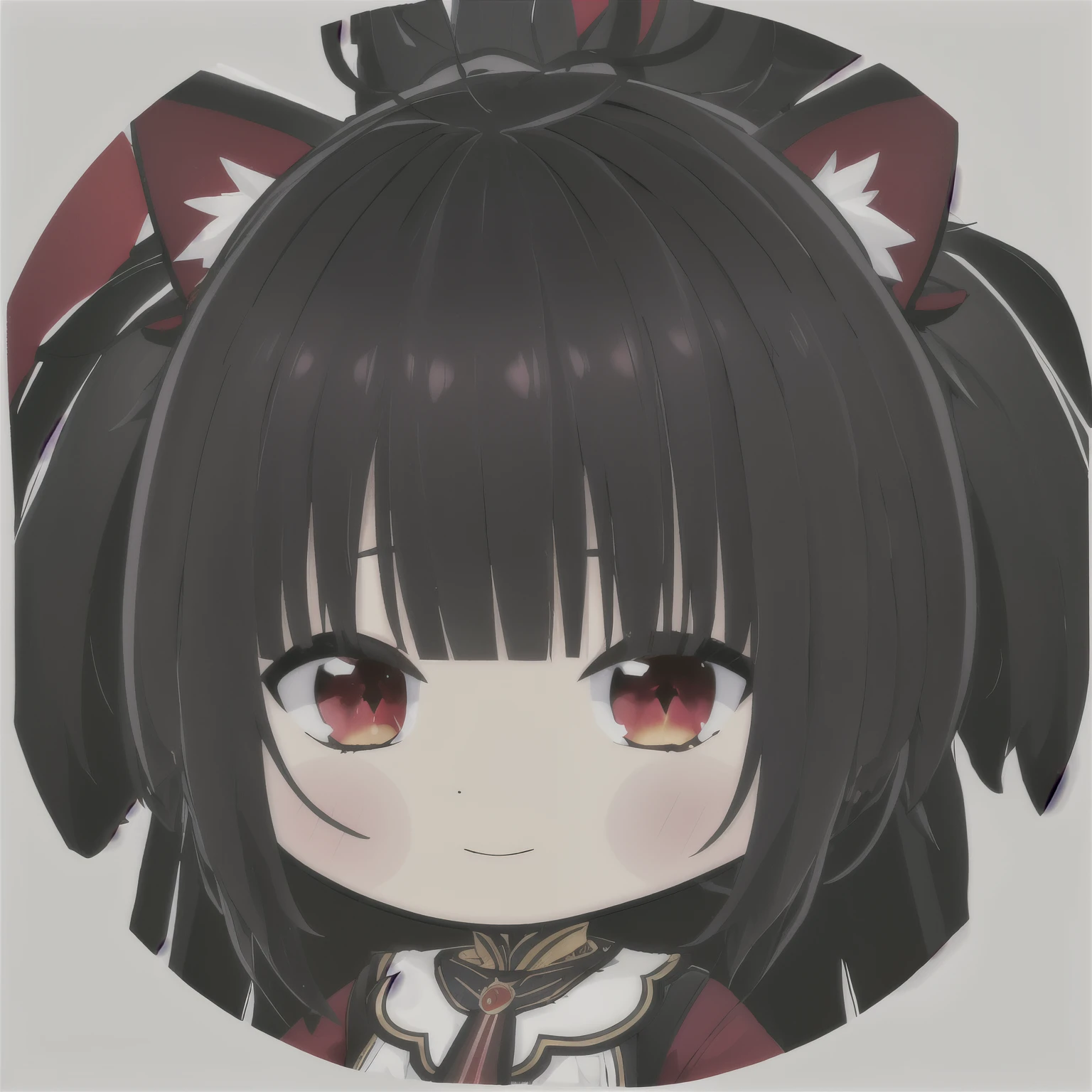 (alta calidad, high resolution:1.3), 4k, obra maestra, 
DESCANSO 1 chica, chibi, describir, parte superior del cuerpo, rostro, sonrisa, rubor, boca abierta, fondo sencillo, pelo largo, pelo negro ,ojos rojos, orejas de gato, ( ruby:1.1) , Red ribbon, cola de caballo lateral, 