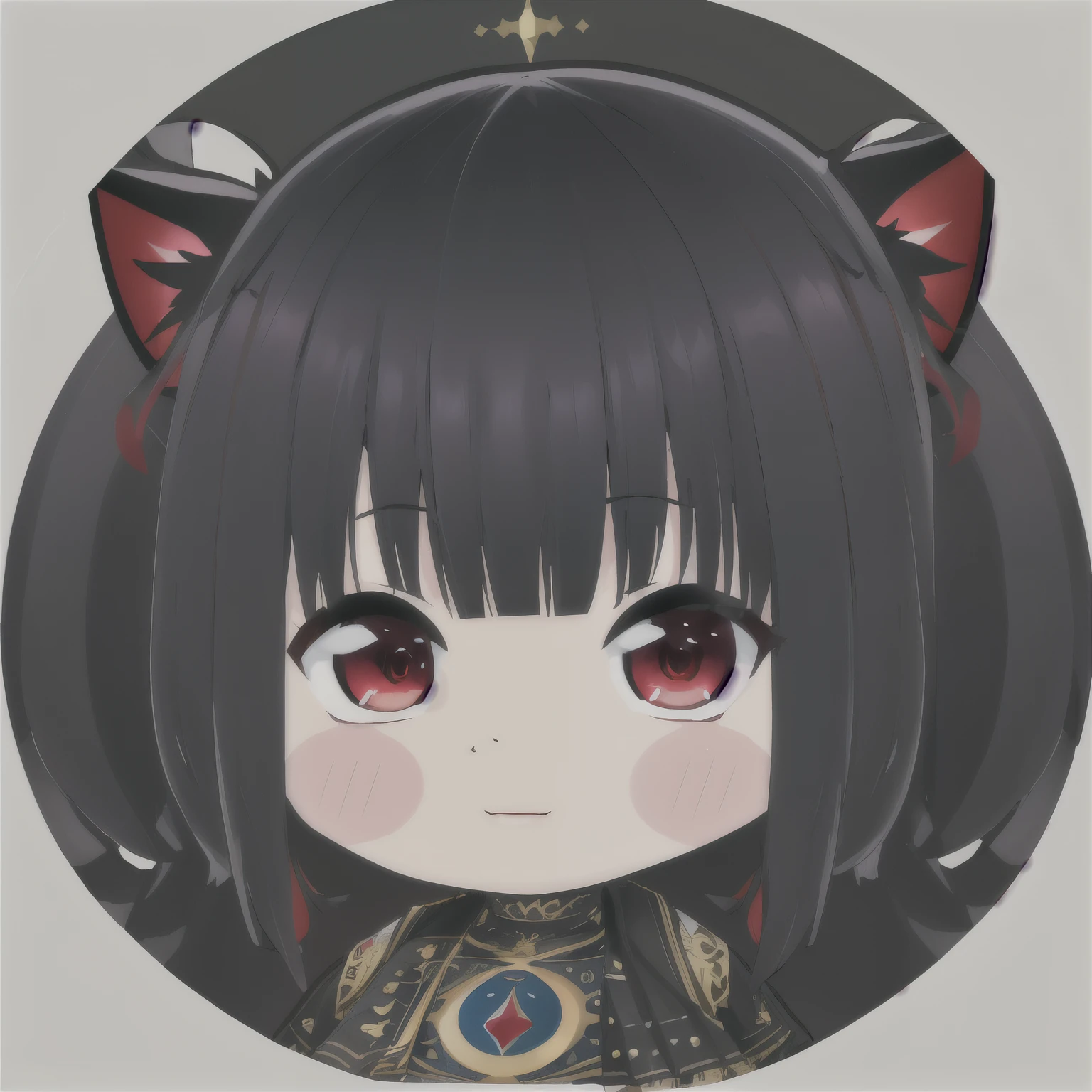 (alta calidad, high resolution:1.3), 4k, obra maestra, 
DESCANSO 1 chica, chibi, describir, parte superior del cuerpo, rostro, sonrisa, rubor, boca abierta, fondo sencillo, pelo largo, pelo negro ,ojos rojos, orejas de gato, ( ruby:1.1) , Red ribbon, cola de caballo lateral, 