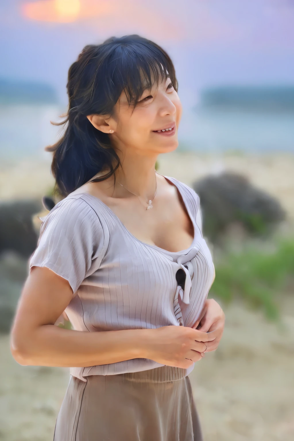 NSFW, ((Top Quality)), ((8K)), ((Masterpiece: 1.3)), (Perfect Appearance), (Photorealism: 1.6), (sandy beach at dusk ), (A woman blown by the wind on the beach), (standing figure), Japanese woman, (48 years old), married woman, ((Realistic skin texture 1.8)), (Fine wrinkles throughout the skin: 1.3), (Dull skin: 1.1), (Skin without moisture: 1.2) , (Wrinkles on the face: 0.9), (Wrinkles on the corners of the eyes: 1.2), Double eyelids, tear bags on the lower eyelids, (Crying moles: 0.9), The eyes are looking here, smiling with lips slightly open, (Dimples: 1.2), (The bangs are swept to one side), long hair, unbound hair, (hair blowing in the wind), shirt with large neckline, cleavage, Flare long skirt, skirt fluttering in the wind, ((whole body)),