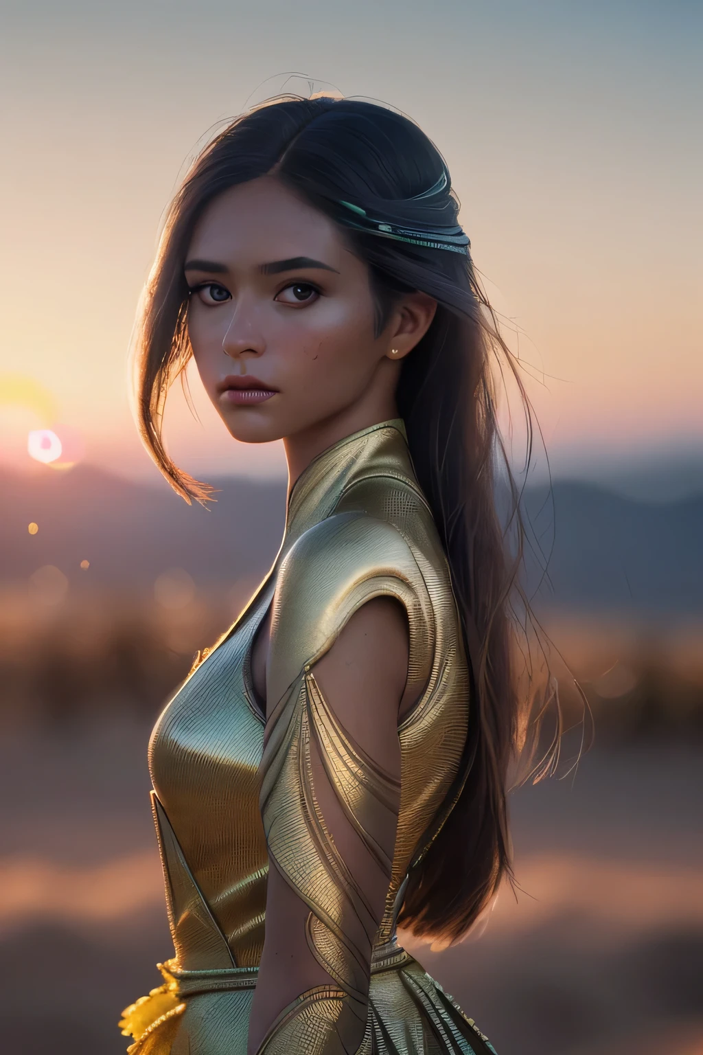 (masterpiece), (very complicated:1.3), (realistic), girl portrait, the most beautiful in the world, hummingbird-like wings, scale powder reflection, fashion model posing, middle long shot, outdoor, intense sunlight, distant dune, Stunning female professional photo details, sharp focus, dramatic, Award history, cinematic lighting, Octane Rendering Unreal Engine, volumetrics dtx, (film grain, blurred background, blurred foreground, Bokeh, Depth of the bounds written, sunset, motion blur:1.3), thin clothing