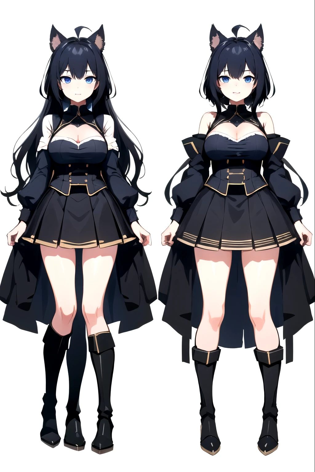 ((upright)), ((arm at side)), looking at the viewer, simple background、white background, 1 girl, open your mouth, smile, Virtual YouTuber、with a girl、((highest quality, expensive_solve, clear_image)),(black hair), (black cat ears), (Ahoge), (ridiculously short hair), (wavy hair), (blue eyes),、laughter、very big breasts、whole body、Draw to the toes、I put boots on my feet、cleavage visible、dressed in military uniform、skirt with slids、Reference sheet、((show viewer))。