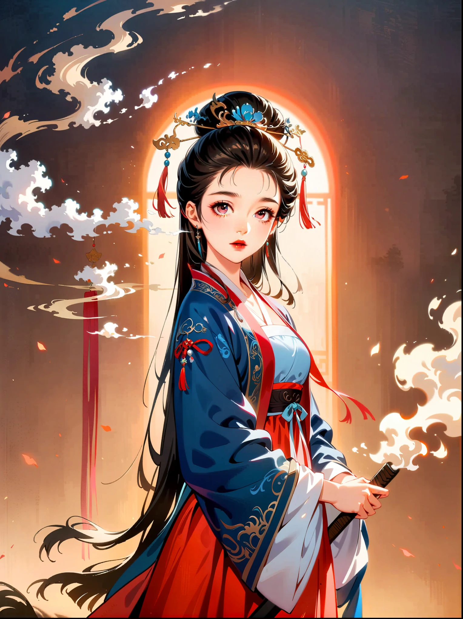 (cowboy shot:1.5), 1girl, Exquisite facial features, perfect face, pink eye shadow, red lips, stability, calmness, martial arts, Ming Dynasty Hanfu costume, (smoke: 1.2), (backlight: 1.2), (cinematic lighting, ray tracing, best quality, masterpiece , official art, extremely detailed cg unity 8k wallpaper, highly detailed, ridiculous, studio lighting, studio, high resolution)