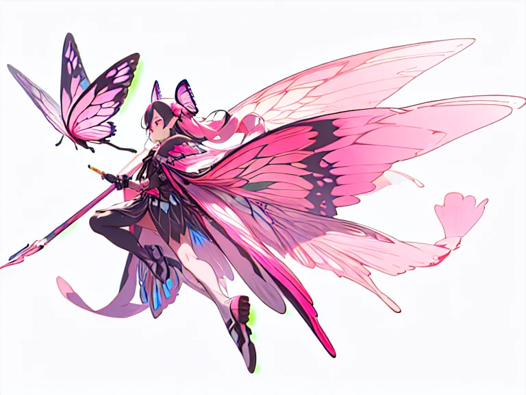 ((masterpiece)),(((Best quality))),((character design sheet,same character,front,Side,back)),illustration,1 girl,long hair,Eye hair, multicolored hair,beautiful eyes,Environment Scene Change, pose too, Pink Color Palette, neon colors, female butterfly, butterfly antennae, holding a staff, Charturnbetalora, 8 k,16 thousand., (simple background, white background: 1.3)