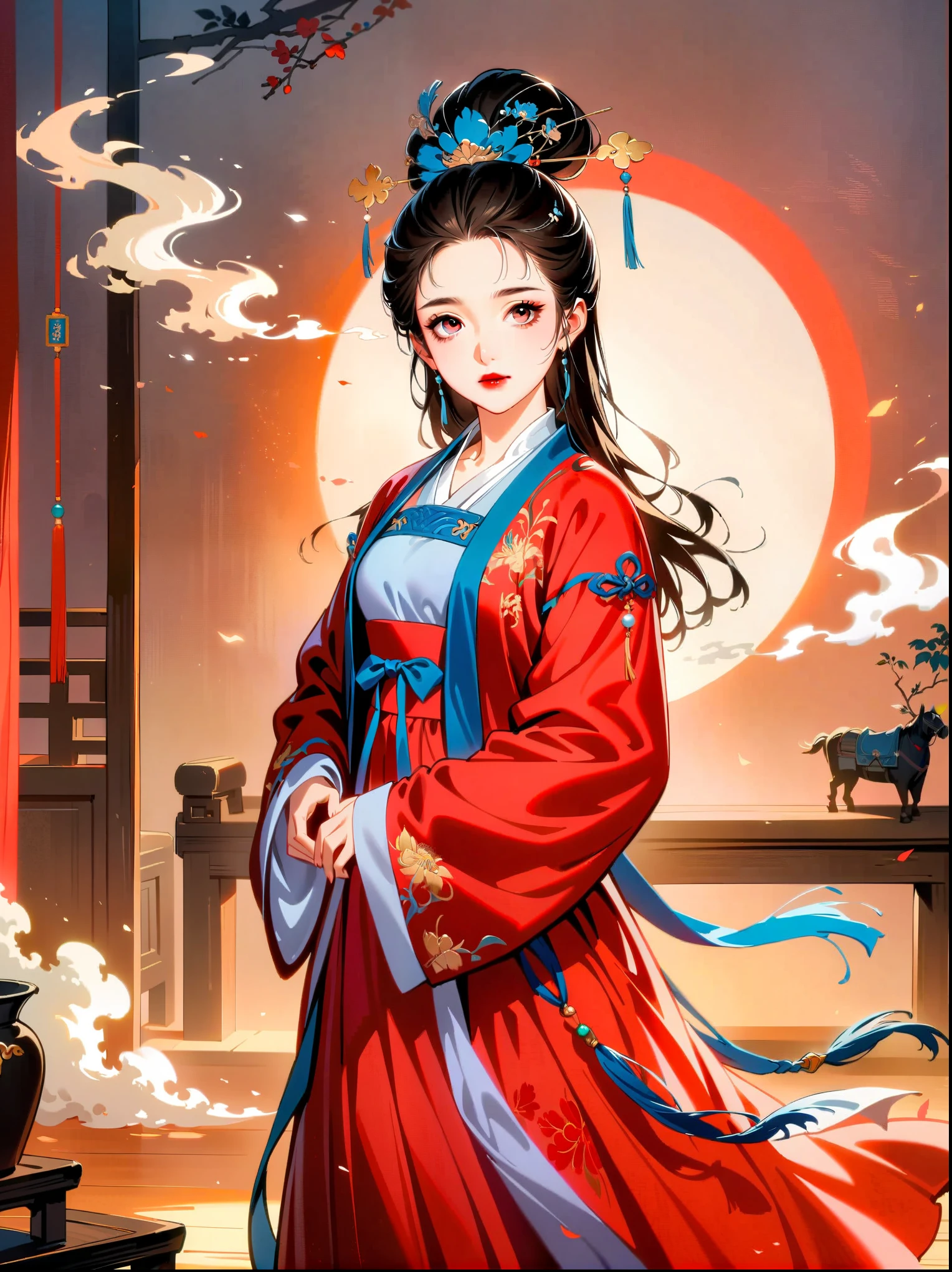 (cowboy shot:1.5), 1girl, Exquisite facial features, perfect face, pink eye shadow, red lips, stability, calmness, martial arts, Ming Dynasty Hanfu costume, (smoke: 1.2), (backlight: 1.2), (cinematic lighting, ray tracing, best quality, masterpiece , official art, extremely detailed cg unity 8k wallpaper, highly detailed, ridiculous, studio lighting, studio, high resolution)