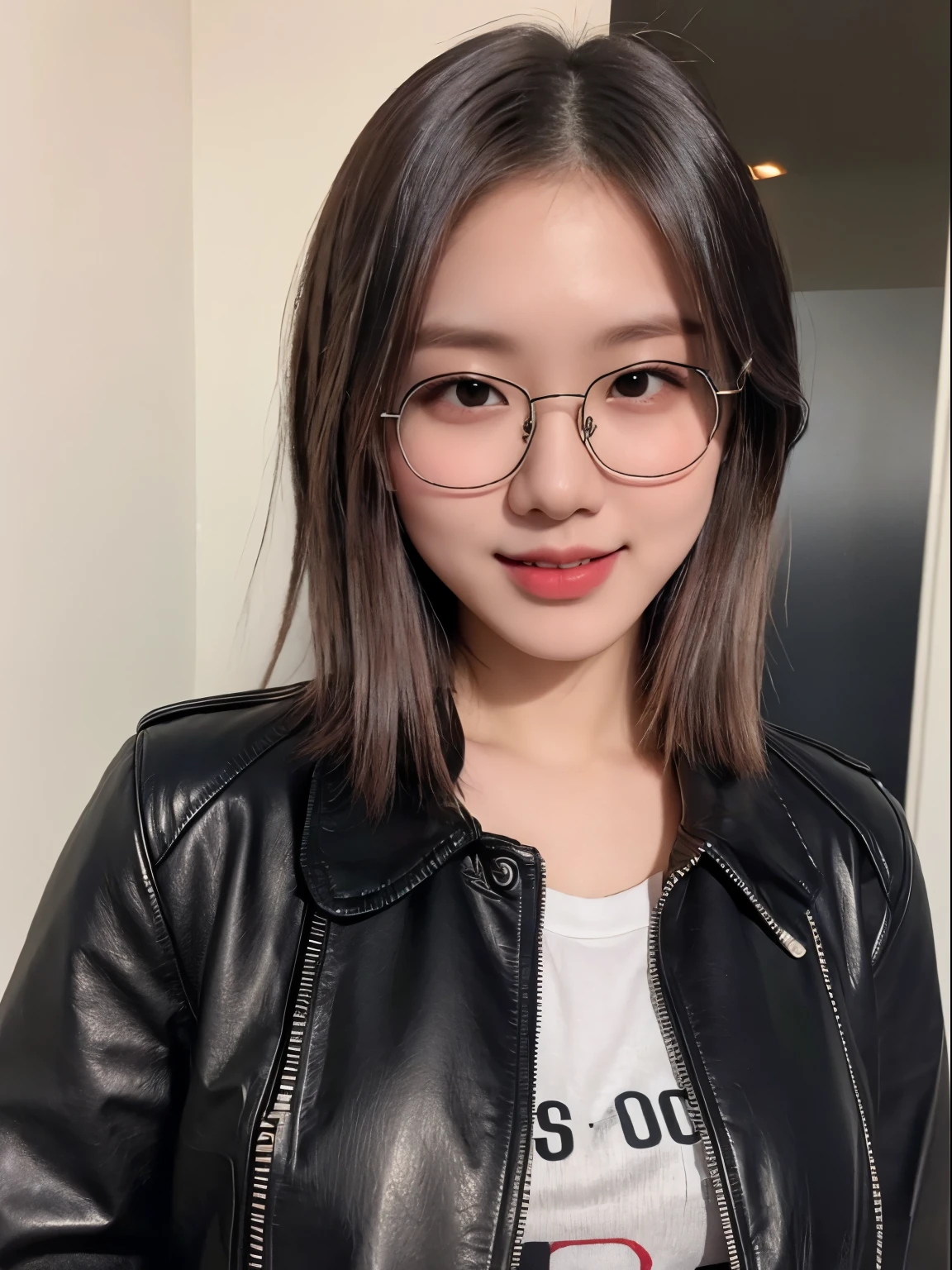 (​masterpiece:1.2), 8k,(ultra-realsitic:1.37), 17 year old Thai actress, (random sexy pose:1.3), (laughing slightly:1.2), black hair, face lights, Detailed face, (wear eyeglasses:1.4), (wearing a shining black faux leather jacket:1.5), sexy costume,