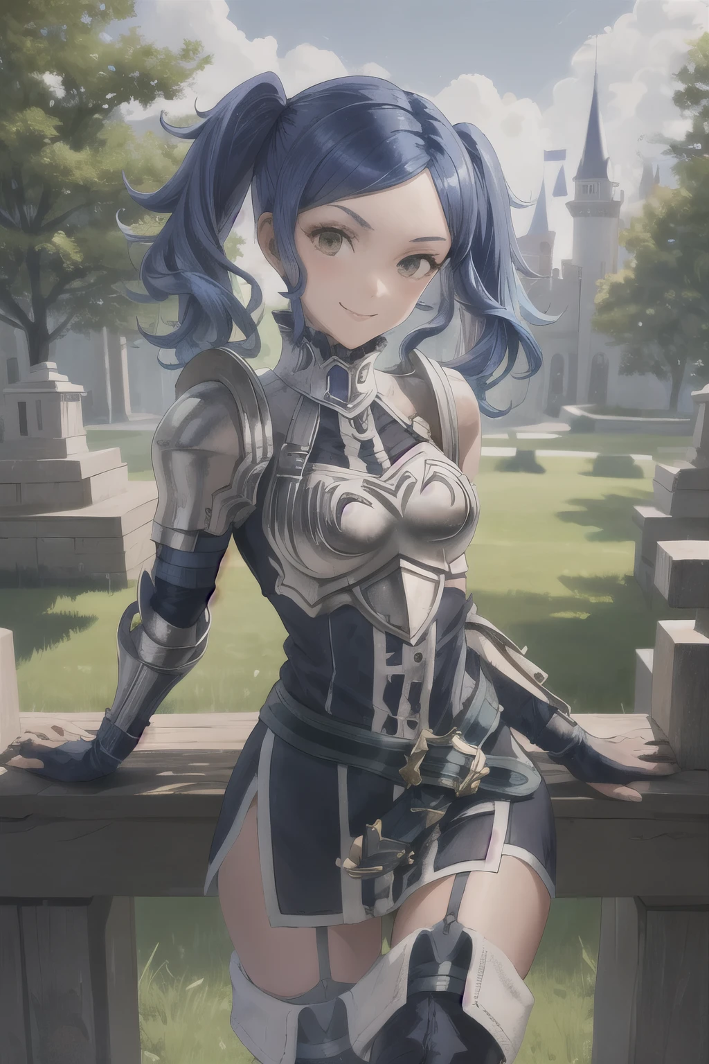 cynthia, twintails, thighhighs, armor, short dress, boots, thigh boots, dress, elbow gloves, zettai ryouiki, breastplate, shoulder armor, belt, garter straps, blue hair
masterpiece, best quality, absurdres, castle garden, smile, looking at viewer, upper body, henshin pose