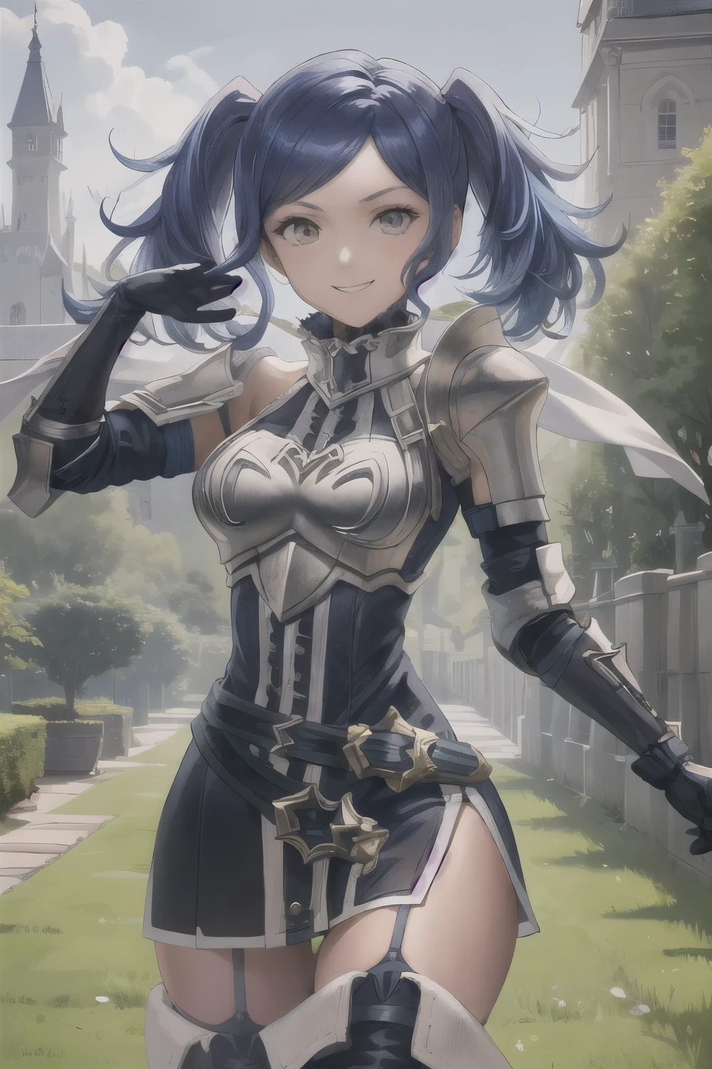 cynthia, twintails, thighhighs, armor, short dress, boots, thigh boots, dress, elbow gloves, zettai ryouiki, breastplate, shoulder armor, belt, garter straps, blue hair
masterpiece, best quality, absurdres, castle garden, smile, looking at viewer, upper body, henshin pose