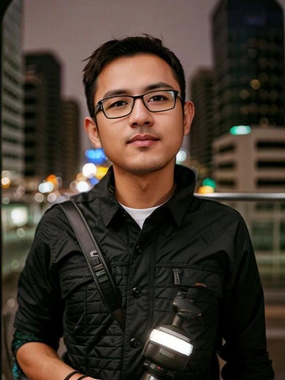 ((Masterpiece)) ((best quality)) (detailed) arafed man with camera and headphones holding a cell phone, professional picture, journalist photo, professional profile picture, with accurate face, full body pose, original picture, change background, city night of jakarta