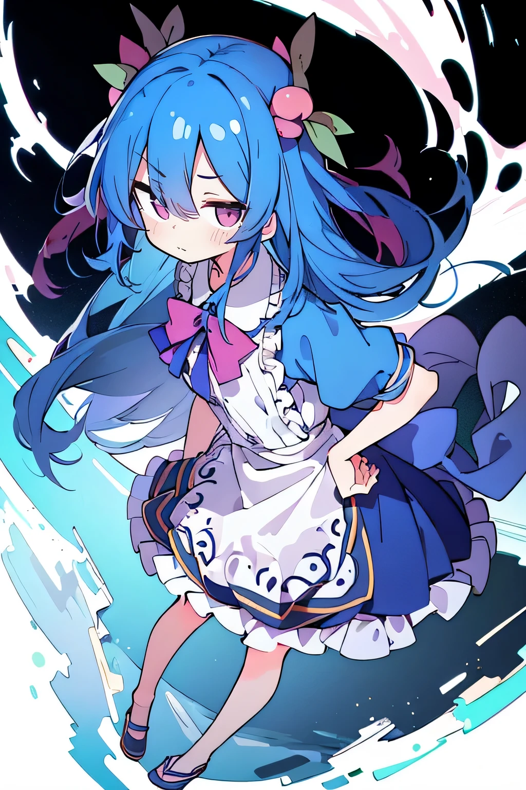 (masterpiece),best quality, expressive eyes, perfect face, 1girl,
 Put your hands on your waist,fair, Gorgeous,Japanese cartoons,girl,lola,Hina Angel, blue hair, blue haired, floating clothes,Grab your waist, Grab your waist, hands on hips , hands on hips,sit, sit on ground, Legs on the ground, flat chest
