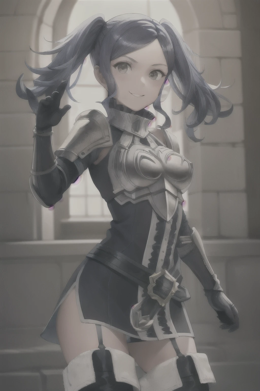 cynthia, twintails, thighhighs, armor, short dress, boots, thigh boots, dress, elbow gloves, zettai ryouiki, breastplate, shoulder armor, belt, garter straps, blue hair
masterpiece, best quality, absurdres, castle garden, smile, looking at viewer, upper body, dramatic pose