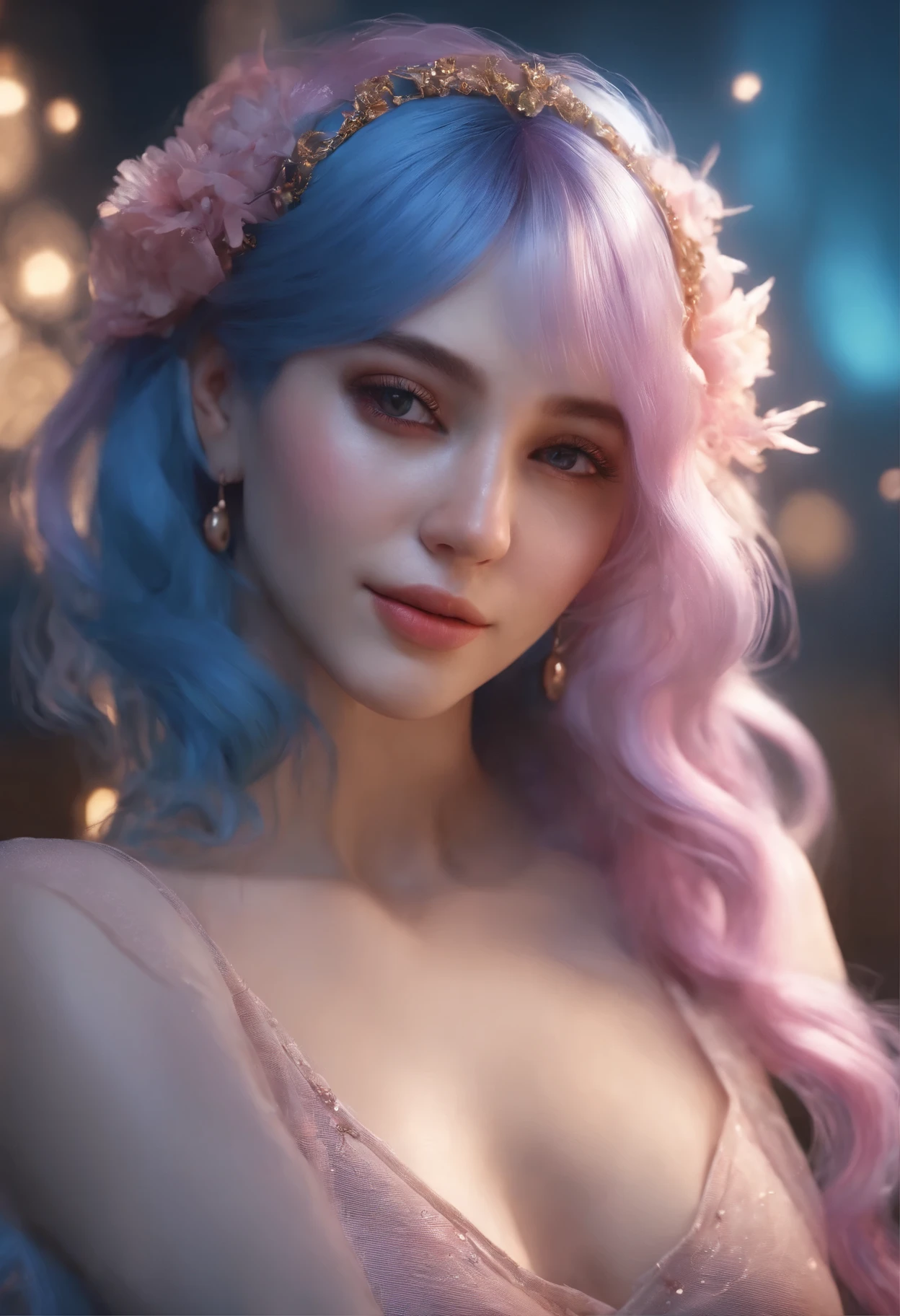 highly detailed, 8K, masterpiece, 1 girl, blue pink_hair, nude, Smile, (perfect_Face), boundary, close up, mad, exist_Back, Gorgeous, complex, dramatic lighting, 4K, detailed_Background, Caustics, full_Body,
