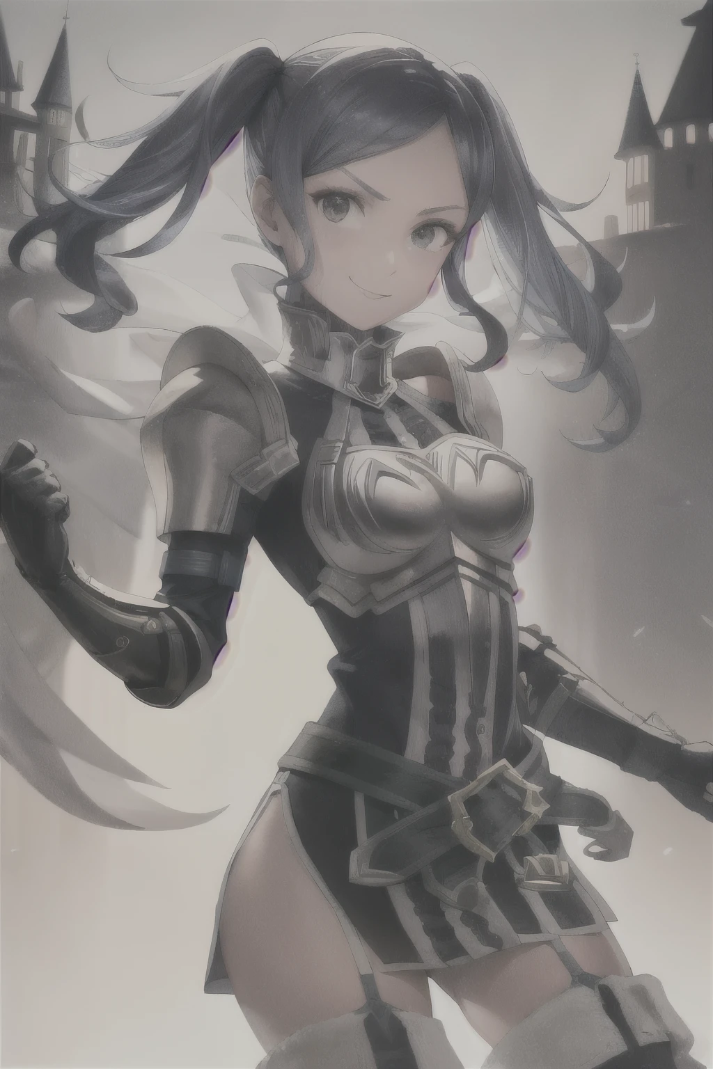 cynthia, twintails, thighhighs, armor, short dress, boots, thigh boots, dress, elbow gloves, zettai ryouiki, breastplate, shoulder armor, belt, garter straps, blue hair
masterpiece, best quality, absurdres, castle garden, smile, looking at viewer, upper body, dramatic pose