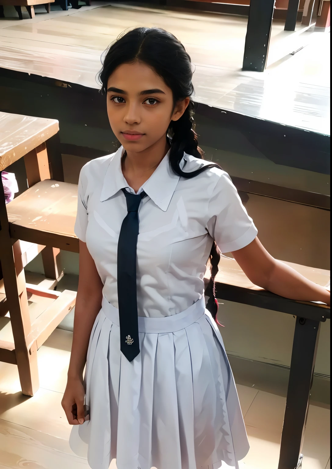 Raw photo , 2 girls  ,Wearing white frock and color tie, white shoes , teen school girl, from bakc view ,  with plait , professional photographer, (hdr:1.4), masterpiece, ultra-realistic 8k, perfect artwork, intrincate details, cute face, award winning photograph, (Best quality, 8k, 32k, Masterpiece, UHD:1.3) ,