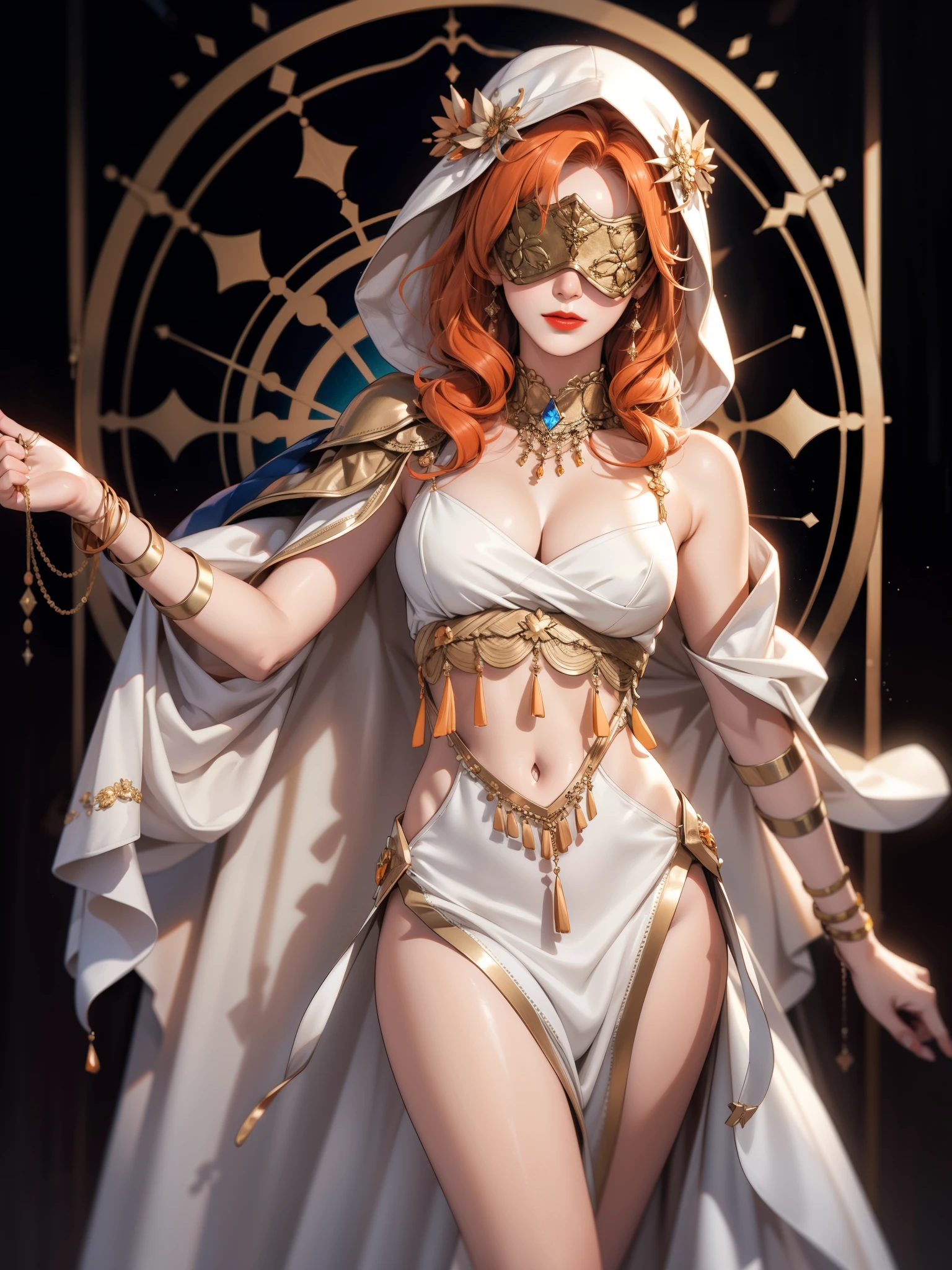 realistic:1.4, hood up, orange hair, long hair, covered eyes, hair over shoulder, robe, blind mask:1.2, danceroutfit, white clothes, crystal ball, sphere, cape, lipstick, cleavage, 1girl, solo, (masterpiece:1.6, best quality),
