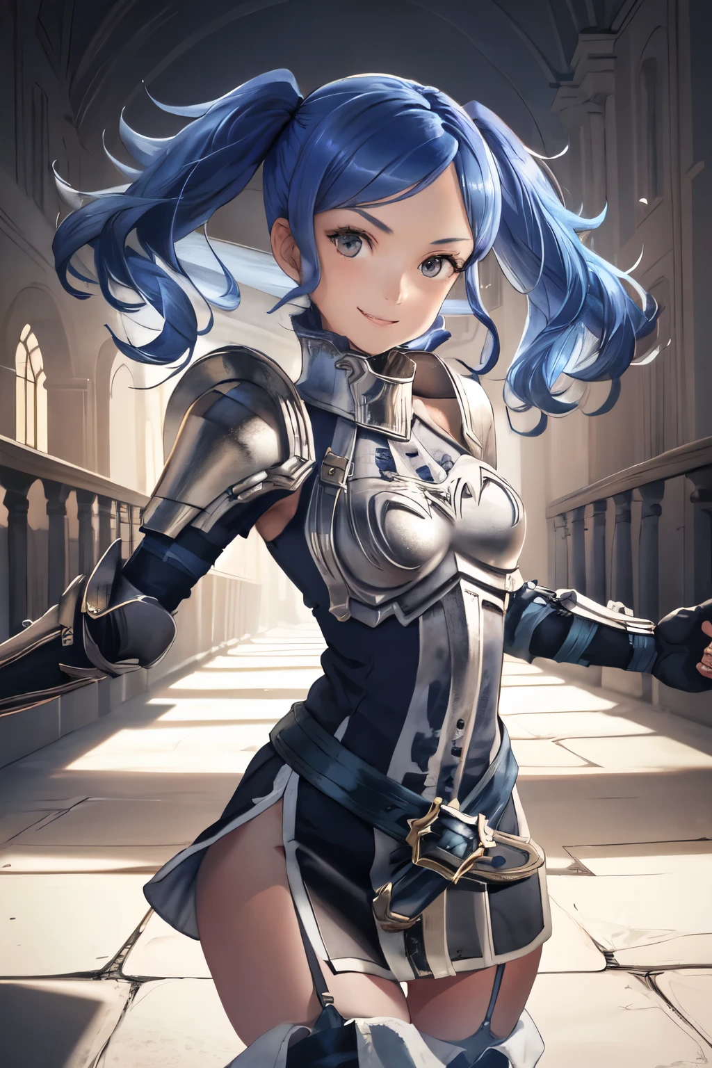 cynthia, twintails, thighhighs, armor, short dress, boots, thigh boots, dress, elbow gloves, zettai ryouiki, breastplate, shoulder armor, belt, garter straps, blue hair
masterpiece, best quality, absurdres, castle garden, smile, looking at viewer, upper body, dramatic pose