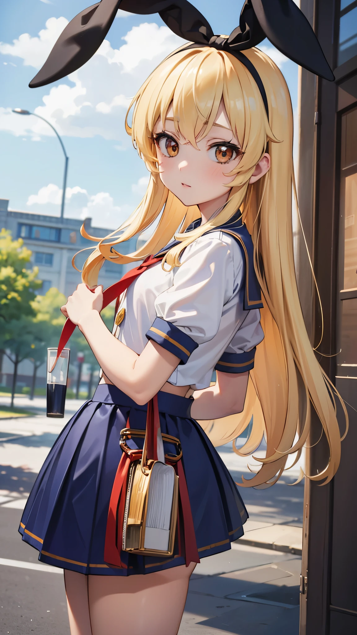 (masterpiece, best quality, highly detailed, ultra detailed, high resolution, absurdres, 4K, 8K:1.2), 
BREAK,shimakaze uniform, 16 years GIRL,Blonde_HAIR,(RED Ribbon on HAIRband:1.2)