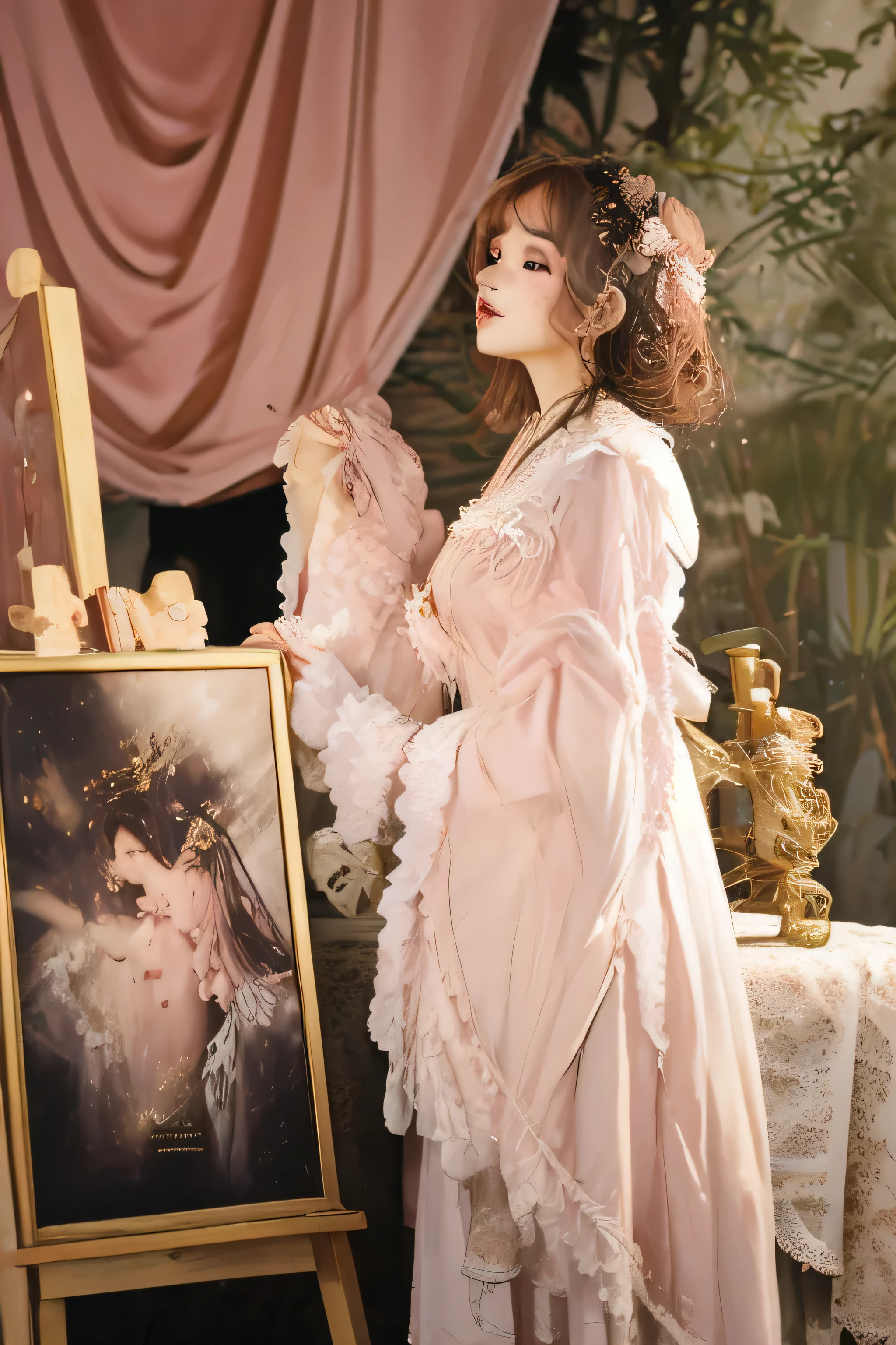 there is a woman in a pink dress painting on a easel, pastel pink robes, gorgeous aristocrat robe, ((wearing aristocrat robe)), fantasy robe, flowing magical flesh robe, flowing magical robe, cotton cloud mage robes, wearing aristocrat robe, wearing dramatic aristocrat robe, hanfu, white hanfu, palace ， a girl in hanfu, silk robes