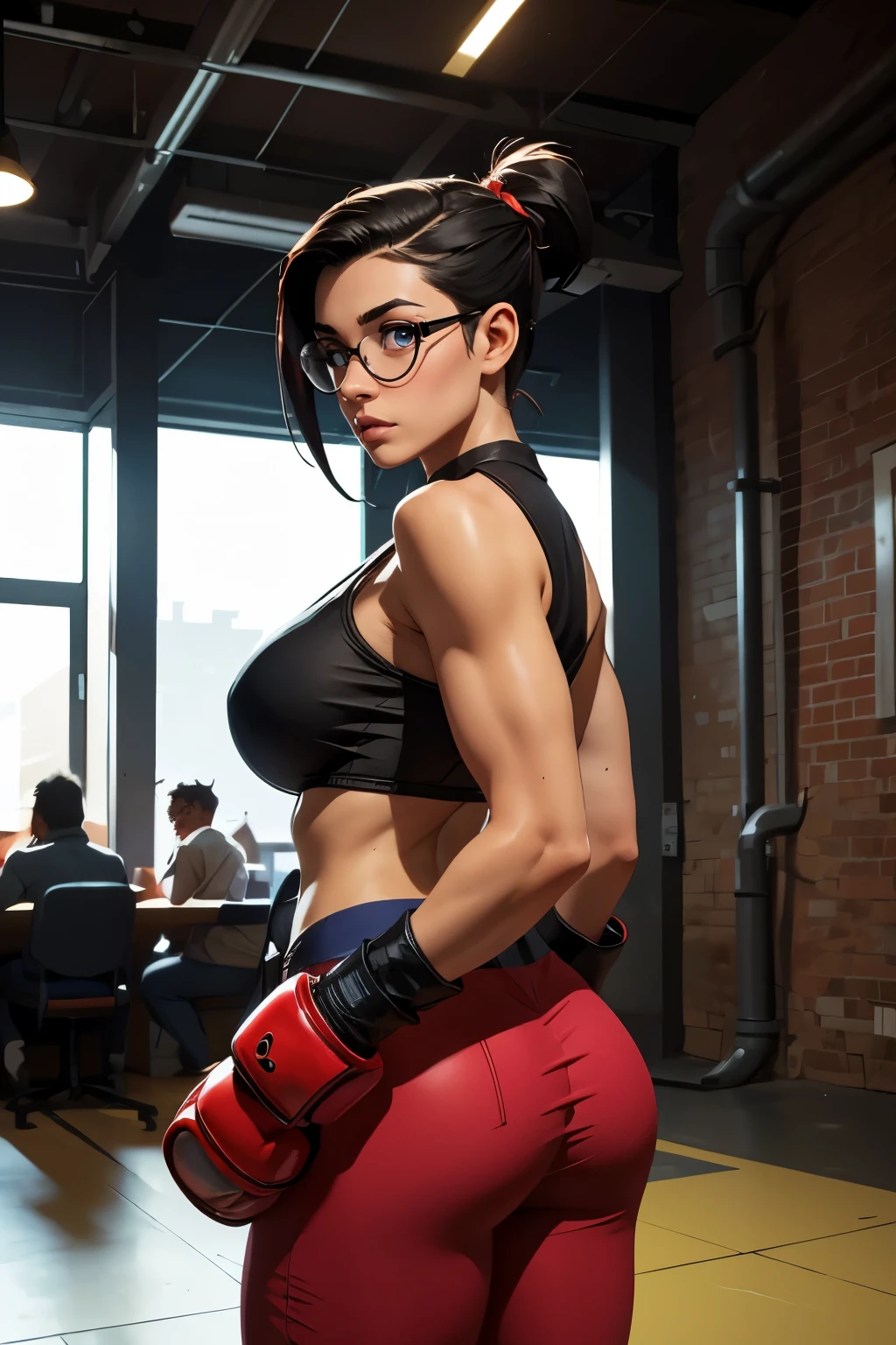 Wide angle shot, rear view, beautiful female street fighter, wearing large glasses, black undercut hair, wearing large steel knuckles