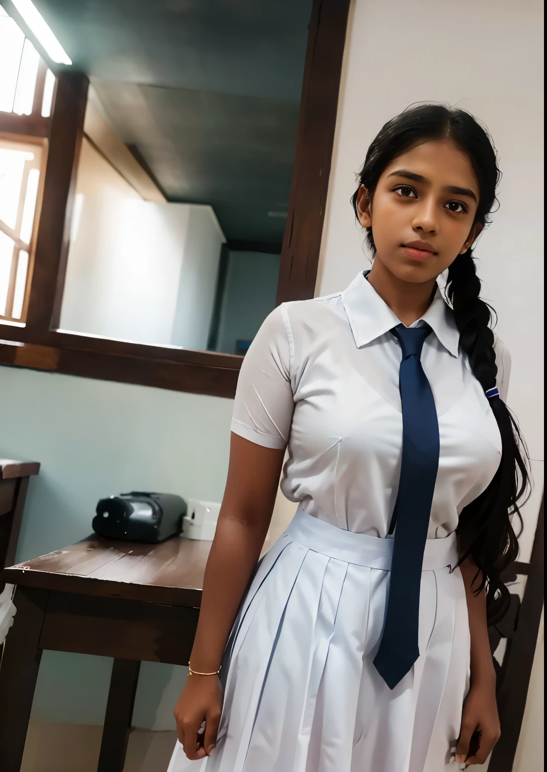 Raw photo , 1 girl  ,Wearing white frock and color tie, white shoes ,sri lanka teen school girl, from bakc view ,  with plait , professional photographer, (hdr:1.4), masterpiece, ultra-realistic 8k, perfect artwork, intrincate details, cute face, award winning photograph, (Best quality, 8k, 32k, Masterpiece, UHD:1.3) ,