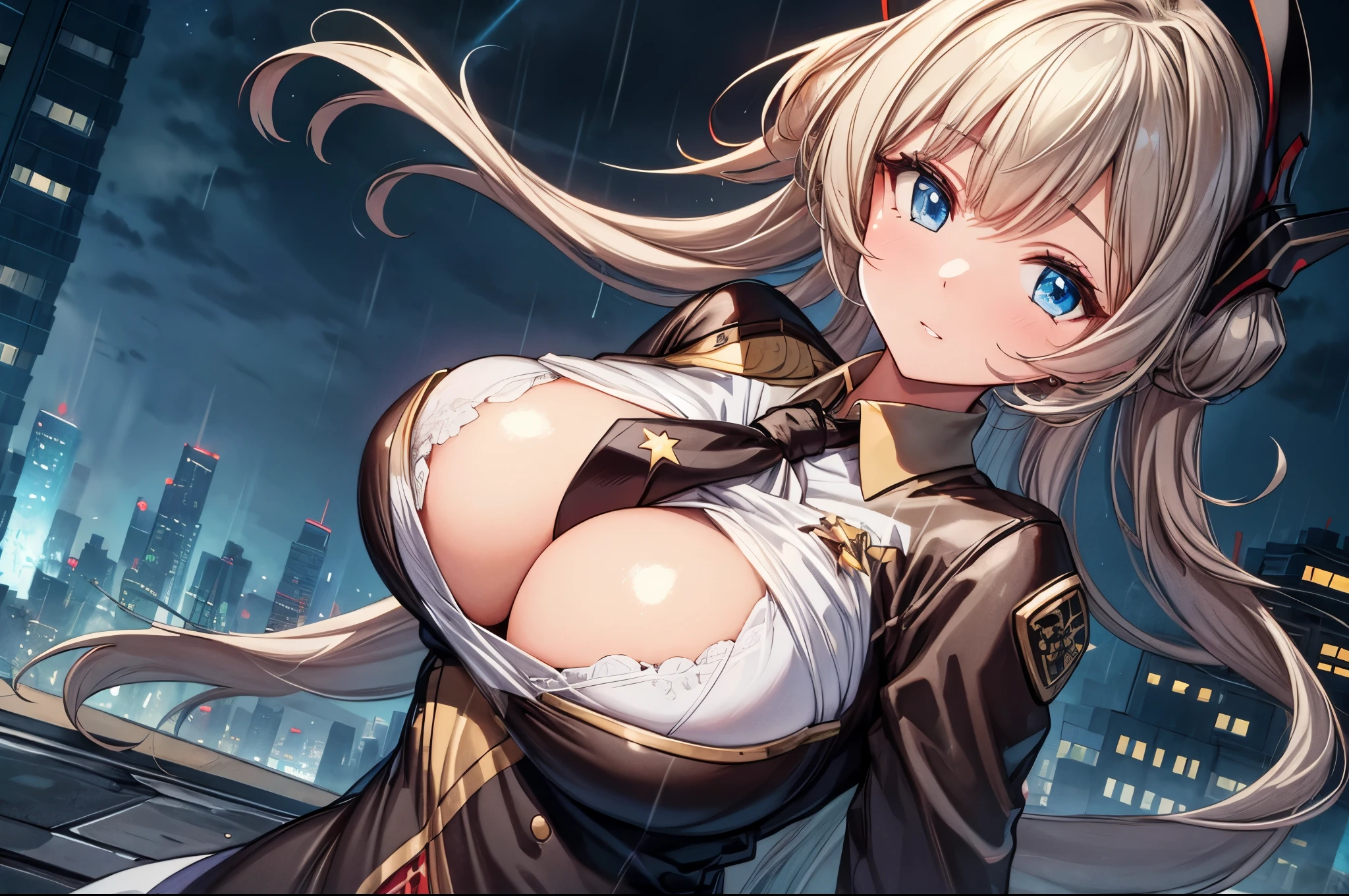 (masterpiece, best quality:1.2), intricate details, 1girl,sky striker ace raye,cityscape ,blue eyes,long Blond hair, black headdress.Dark brown tie,on the rooft of a building,raining,stars,night,narrow bust,(mature female:1.2),huge breasts:1.6,thin body,close up,