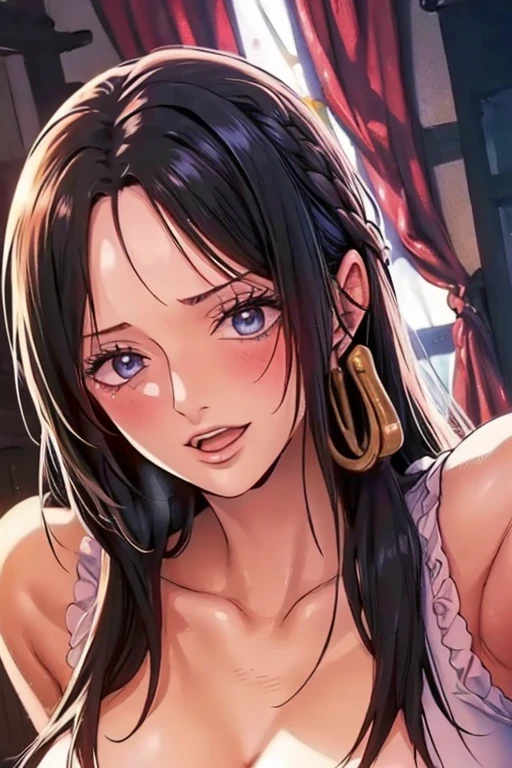 (((masterpiece))), (((best quality))), ((ultra-detailed)), (highly detailed CG illustration), Boa Hancock, (nsfw:1.4), (masterpiece:1.5), Detailed Photo, Sexy, (Best Quality: 1.4), (1girl), Beautiful Face, (Black Hair, long Hair: 1.3), Beautiful Hairstyle, beautiful detail eyes, (realistic skin), beautiful skin, absurd, attractive, ultra high resolution, high definition, (sexually aroused:1.5), Pinkish white skin, cool white light, sexy pose, Beautiful , white background, pink soft white light, Wear a white tank top, 