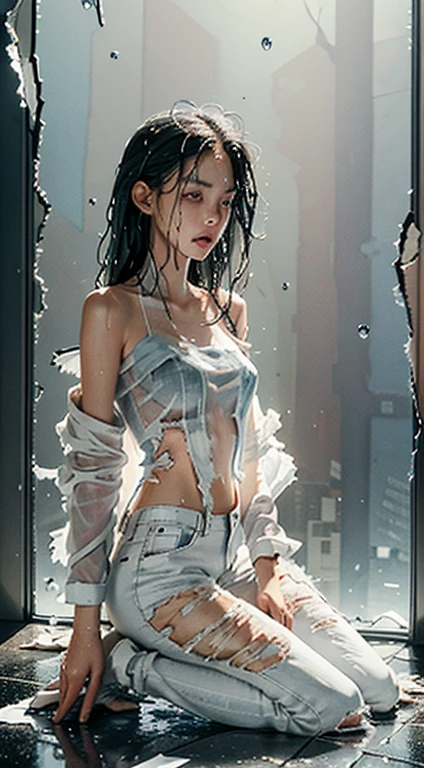 best image quality, masterpiece, super high resolution, (fidelity:1.4), photo, 1 girl, white shirt, ripped jeans, white sneakers, dim, darkness, despair, pity, poor, film, tears, teardrops, (torn transparent clothes: 1.5), (wet clothes: 1.4), bare shoulders, real rain, wet hair,..