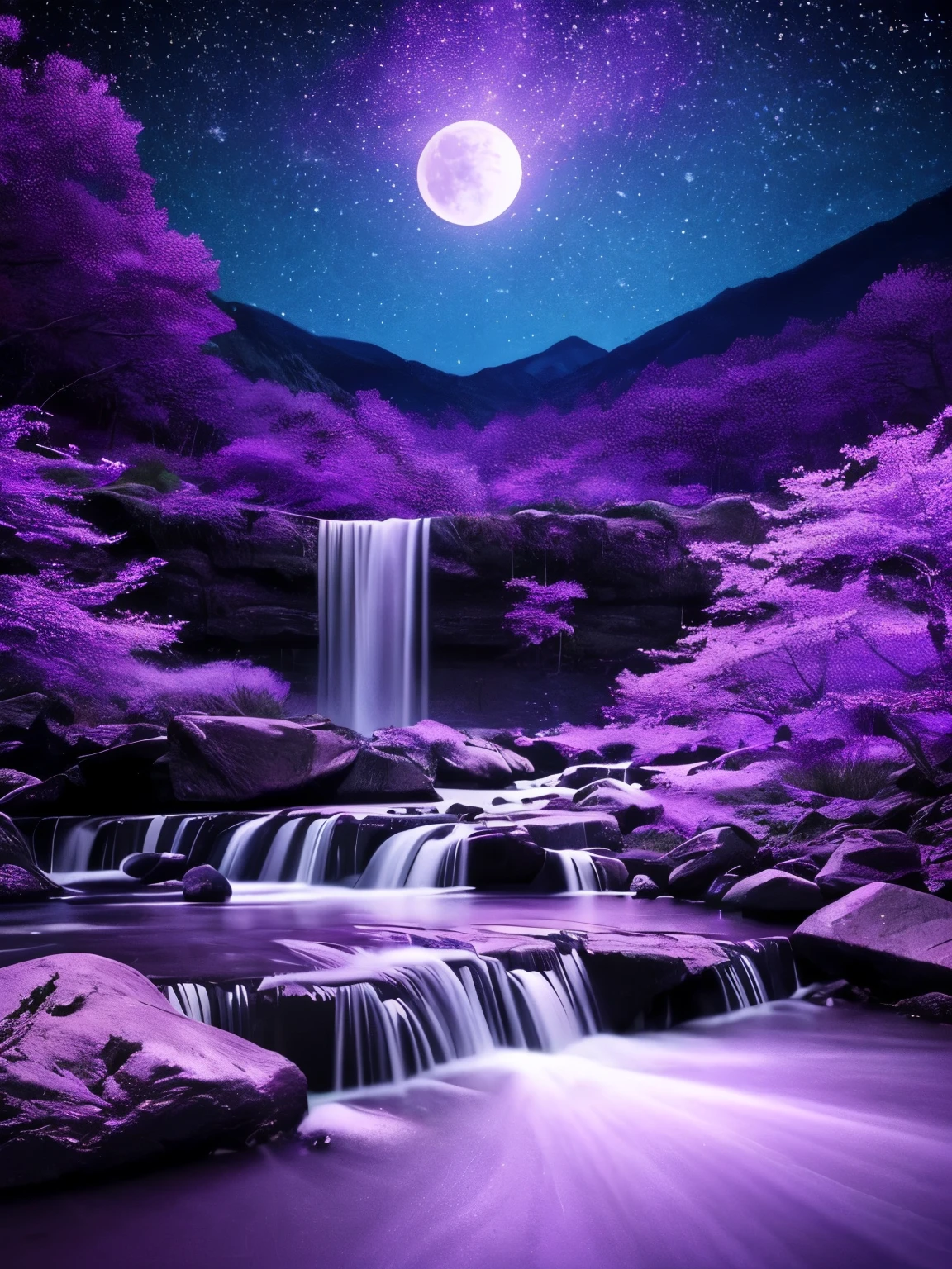 a purple moon over a stream of water with stars, digital art by Ju Lian, tumblr, digital art, glowing purple, purple glow, purple water, nebula waterfalls, purple magic, galactic waterfalls, cosmic purple space!, purple colors, soft purple glow, purple bioluminescence, purple aura, the walls purple and pulsing, purple light, purple sparkles
