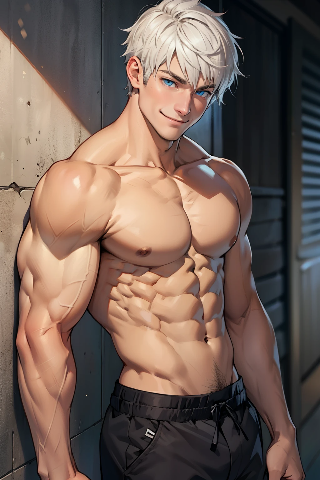 1 man, (((muscular))), short white hair, smiling, blue eyes, shirtless, 