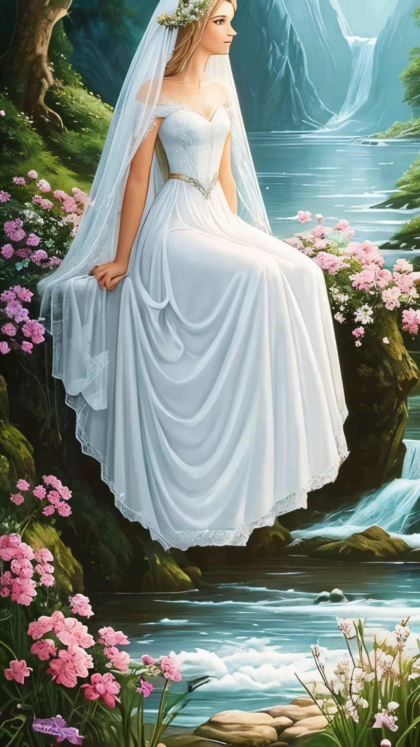 painting of a woman in a white dress sitting on a white rose, with frozen flowers around her, ethereal beauty, galadriel, beautiful fantasy painting, inspired by Nene Thomas, ethereal fairytale, inspired by Edward Robert Hughes, fantasy oil painting, ethereal!!!!!!!, ethereal!!!, enchanted with nature spirit, ethereal fantasy, white witch