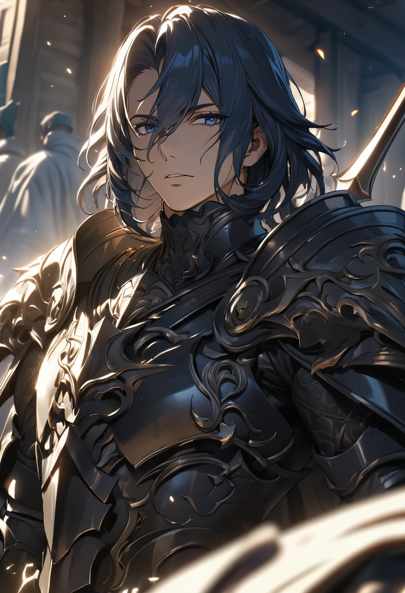 ((solo)), (man), dark blue eyes, raven blue hair, medium hair, a close up of a person with a spear in a village, peaceful village, suburbs, detailed key anime art, casimir art, masamune shiro, masamune, handsome guy in demon slayer art, heise jinyao, shadowverse style, (no logos), detailed knight armor, eye reflection, depth of field, cinematic lighting, ray tracing, depth of field, cinematic lighting, ray tracing, UHD, high details, best quality, highres, high quality, award winning, super detail, masterpiece, 8k, UHD, high details, best quality, highres, high quality, award winning, super detail, masterpiece, 8k