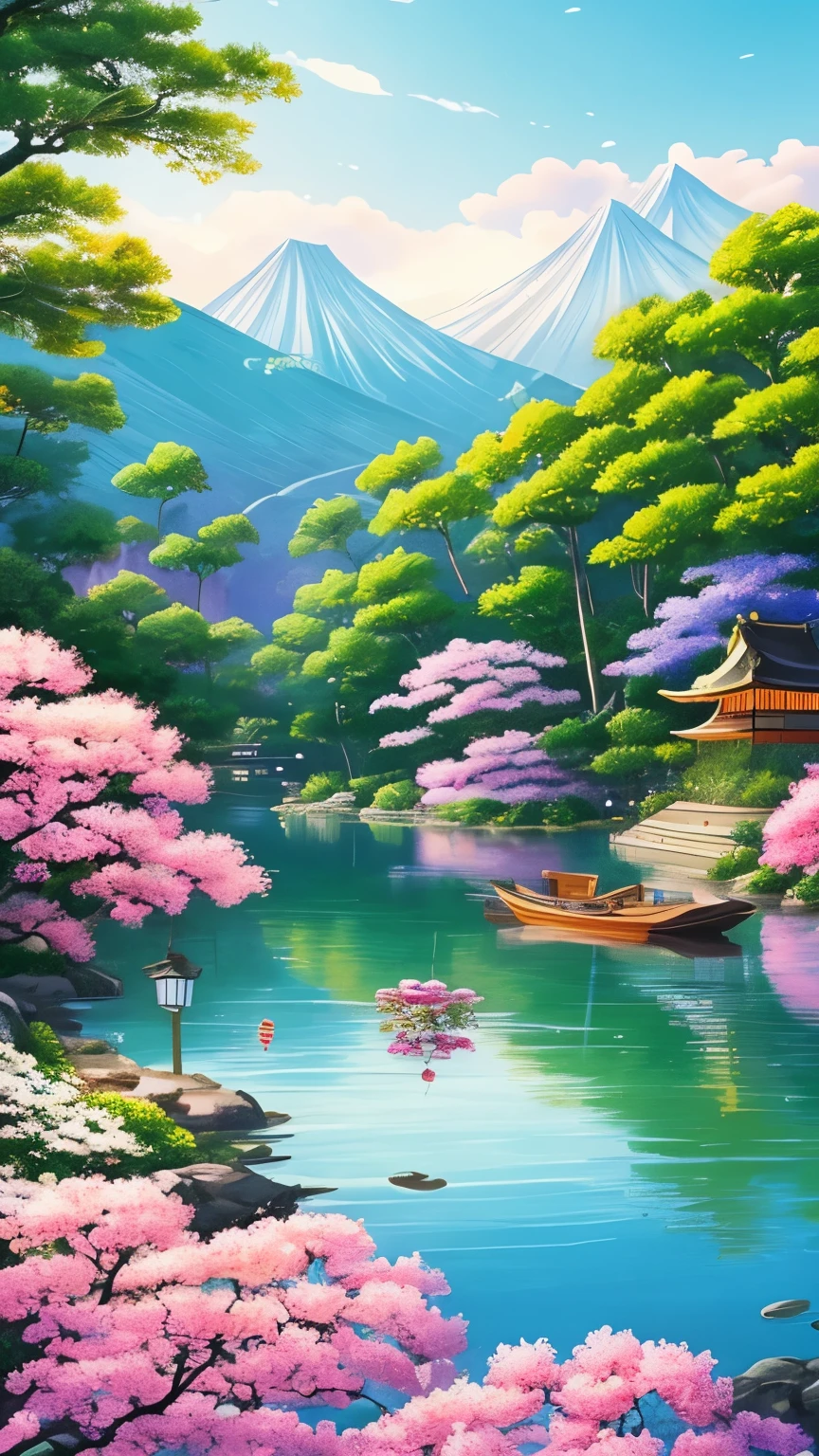 a painting of a lake with flowers and lanterns in the water, by Yang J, beautiful detailed scene, beautiful depiction, beautiful anime scene, by Torii Kiyomasu, japanese landscape, by Victor Wang, by Kano Tan'yū, beautiful illustration, old japanese art, by Ma Yuanyu, by Li Song, ross tran. scenic background