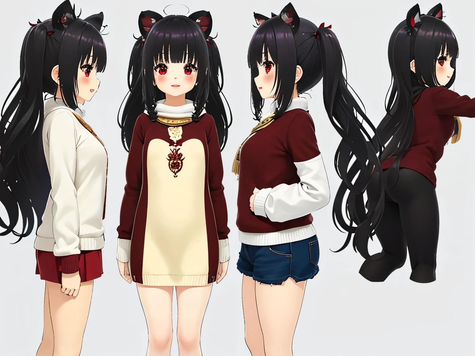 obra maestra,of the highest quality,high resolution ,1 chica,rapid eye movement, re cero, ,((long hair slightly wavy slightly past the shoulders, black bangs, small black pigtails on the sides, cute cat ears, beautiful thin red eyes)),,pechos grandes,piel blanca,((sweater, transparente)),((raya)),((sweaterのみ)),sonrisa, orejas de animales, Chemomimi, felicidad, hombros descubiertos,magnificent々nuevo,lindo, (((holding a white blanket (banner) stretched from side to side, sostiende una bandera, estandarte)))