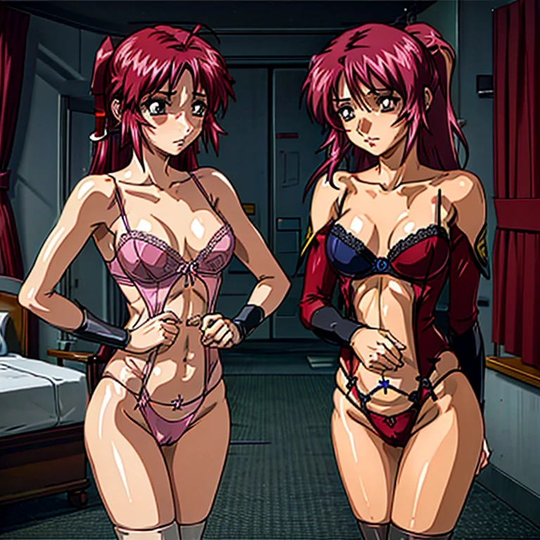 Please draw two girls embracing erotically in a bedroom, looking at the viewer. Conditions for the first girl: short hair, red hair, ahoge, purple eyes, beautiful skin, blushing cheeks, closed mouth, wearing red lingerie, black knee-high socks. Conditions for the second girl: long hair, red hair, twin tails, purple eyes, beautiful skin, blushing cheeks, closed mouth, wearing blue lingerie. Other conditions: absolute reference to center (masterpiece: 1.2), highest quality, high resolution, absolute reference to center, (shyness: 1.4), leaning forward.