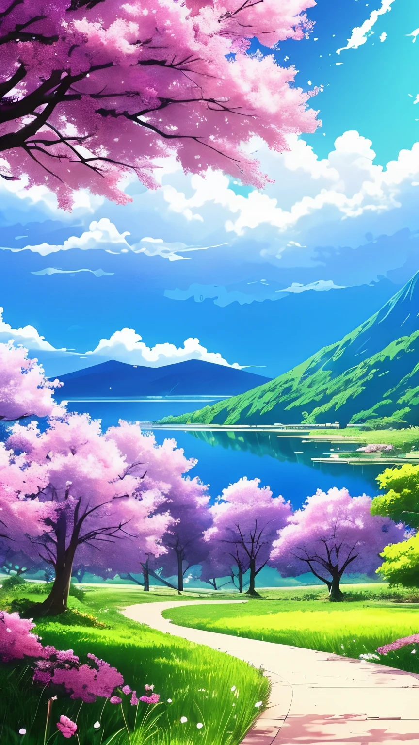 anime scenery of a lake with flowers and trees in the background, beautiful anime scene, ross tran. scenic background, anime beautiful peace scene, beautiful anime scenery, 🌺 cgsociety, anime nature wallpap, cosmic skies. by makoto shinkai, anime scenery, makoto shinkai. high detail, anime. by makoto shinkai, beautiful dreamy breathtaking