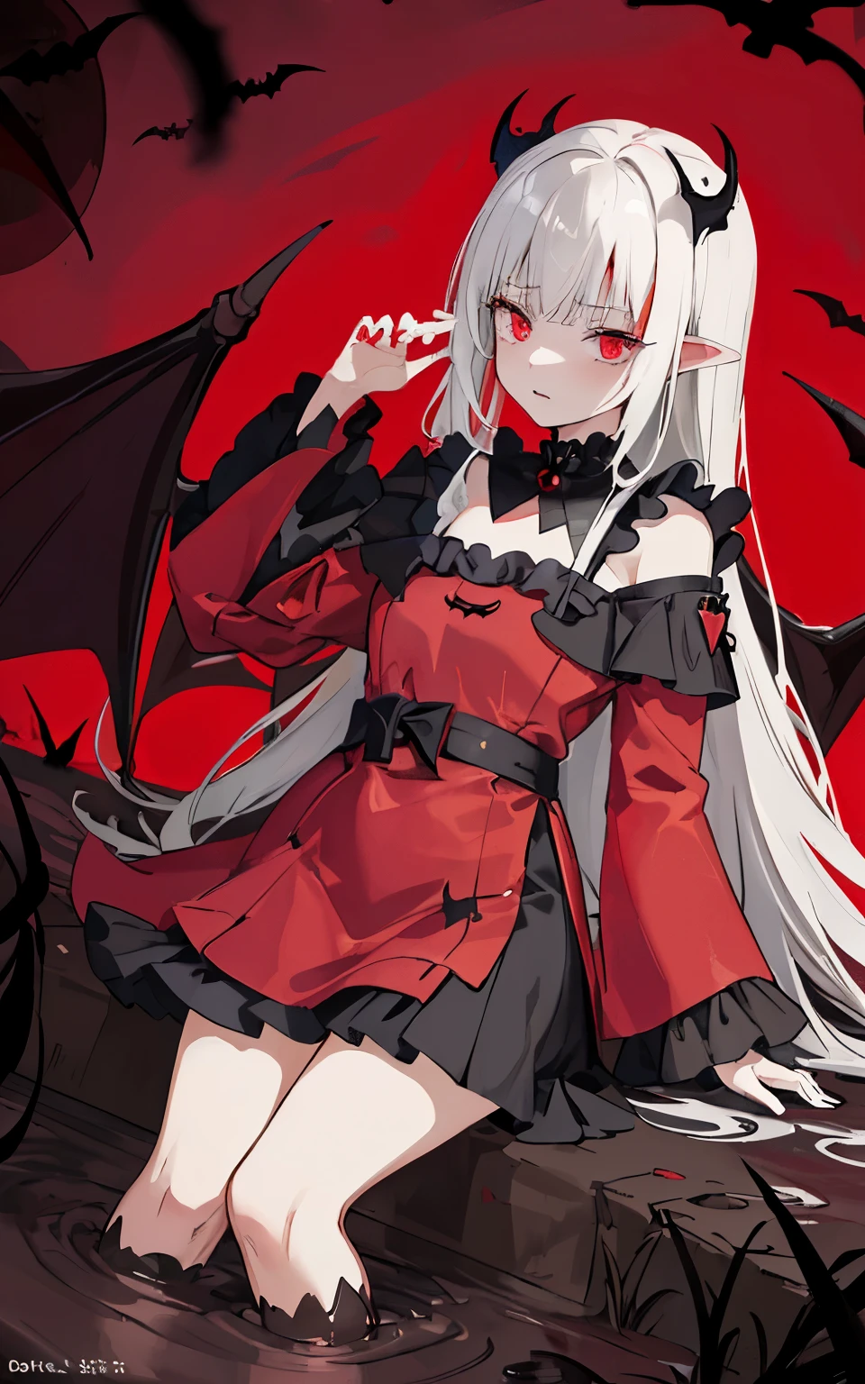 ((masterpiece:1.4, best quality))+, (Super detailed)+,(super detailed eyes)+,
(cute 1girl),,(猩red的眼睛:1.15),silver hair, very long hair,messy hair,(Variza:1.2),Pale complexion,shut up,sad,
(She is wearing a black and red robe:1.5),(flat chest:1.2),(elegant lolita dress:1.4),(bright red clothes:1.2),(surrounded by bats:1.4),
(despair:1.3),Gothic,
(Deep household:1.3),leaf,(vine tree:1.1),
(Bloody moon:1.2),red,
(Heavy monochrome:1.16),(depth of field:1.4),wearing boots,Struggling in the muddy swamp, Legs stuck in the mud, covered in mud, 带着despair的表情