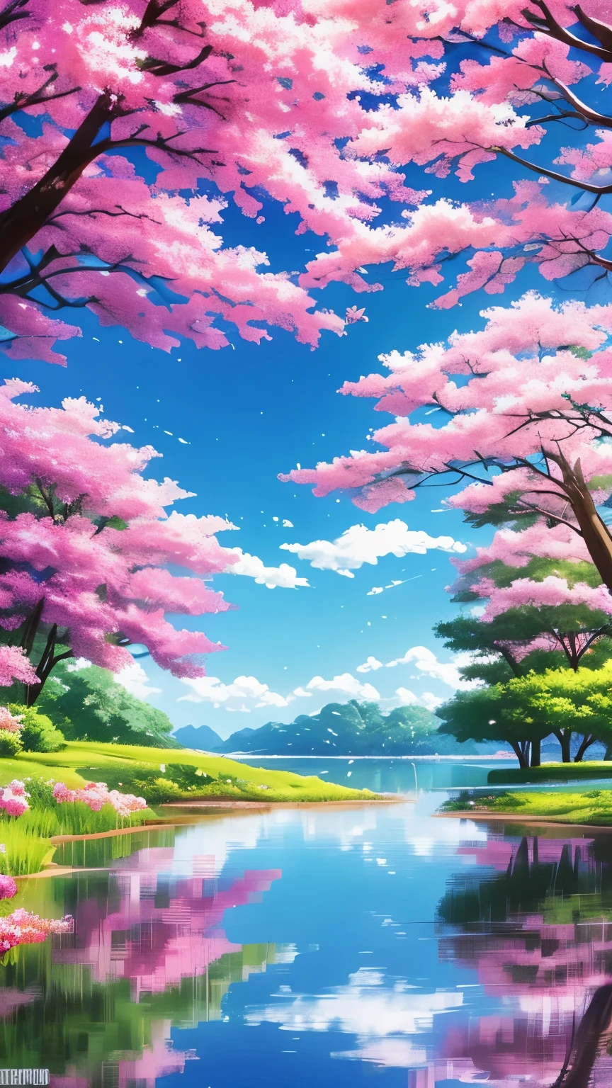 anime scenery of a lake with flowers and trees in the background, concept art by Makoto Shinkai, trending on cgsociety, conceptual art, beautiful anime scene, ross tran. scenic background, anime beautiful peace scene, beautiful anime scenery, 🌺 cgsociety, anime nature wallpap, cosmic skies. by makoto shinkai, anime scenery