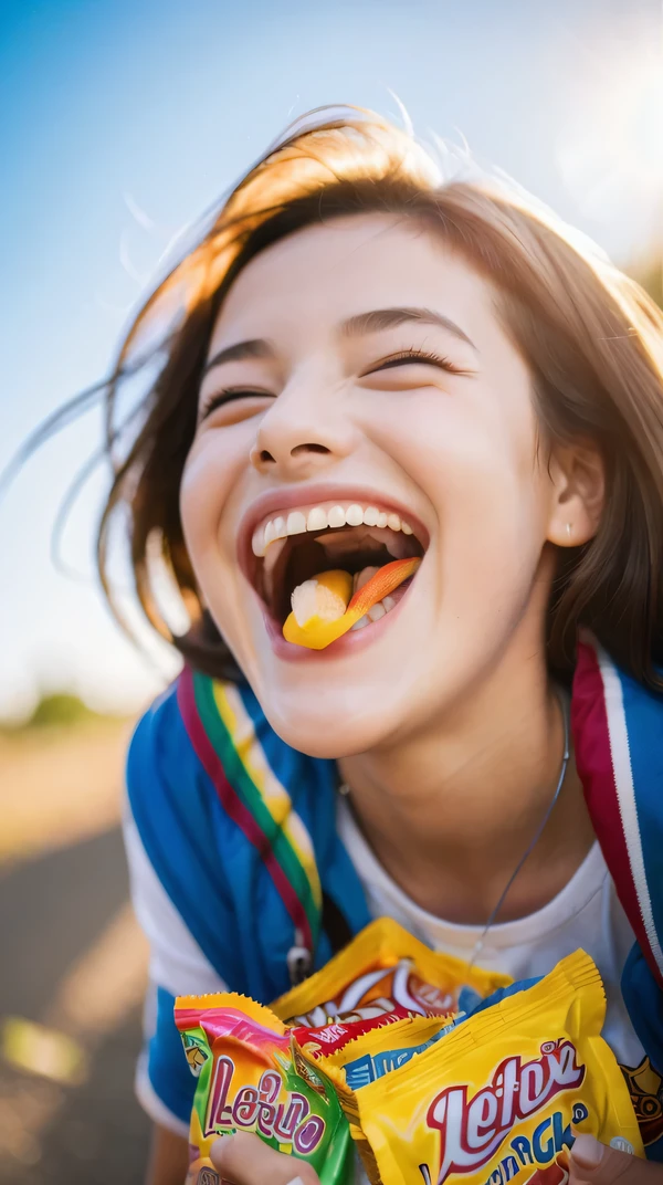 (8K, highest quality, masterpiece: 1.2), Super detailed, super resolution, a beautiful girl, with snacks, (huge Laughing:1.1), (open mouth:1.1), sun glare, blurry background,