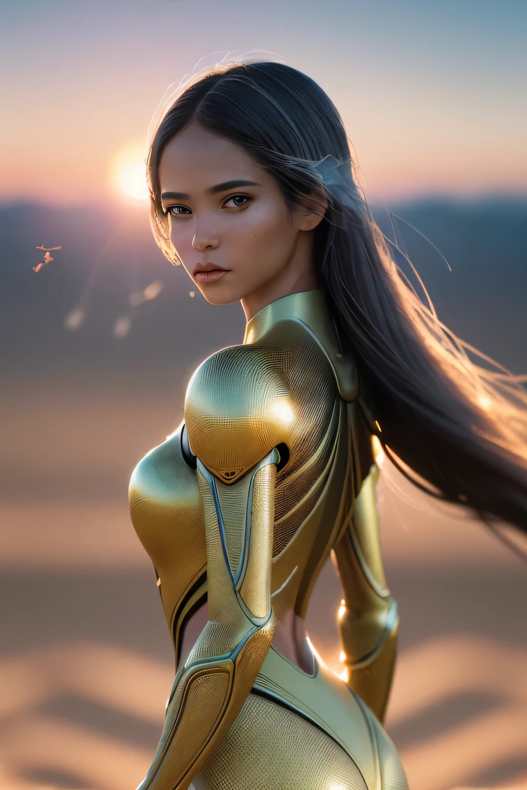 (masterpiece), (very complicated:1.3), (realistic), girl portrait, the most beautiful in the world, insect-like wings, scale powder reflection, fashion model posing, middle long shot, outdoor, intense sunlight, distant dune, Stunning female professional photo details, sharp focus, dramatic, Award history, cinematic lighting, Octane Rendering Unreal Engine, volumetrics dtx, (film grain, blurred background, blurred foreground, Bokeh, Depth of the bounds written, sunset, motion blur:1.3), thin clothing