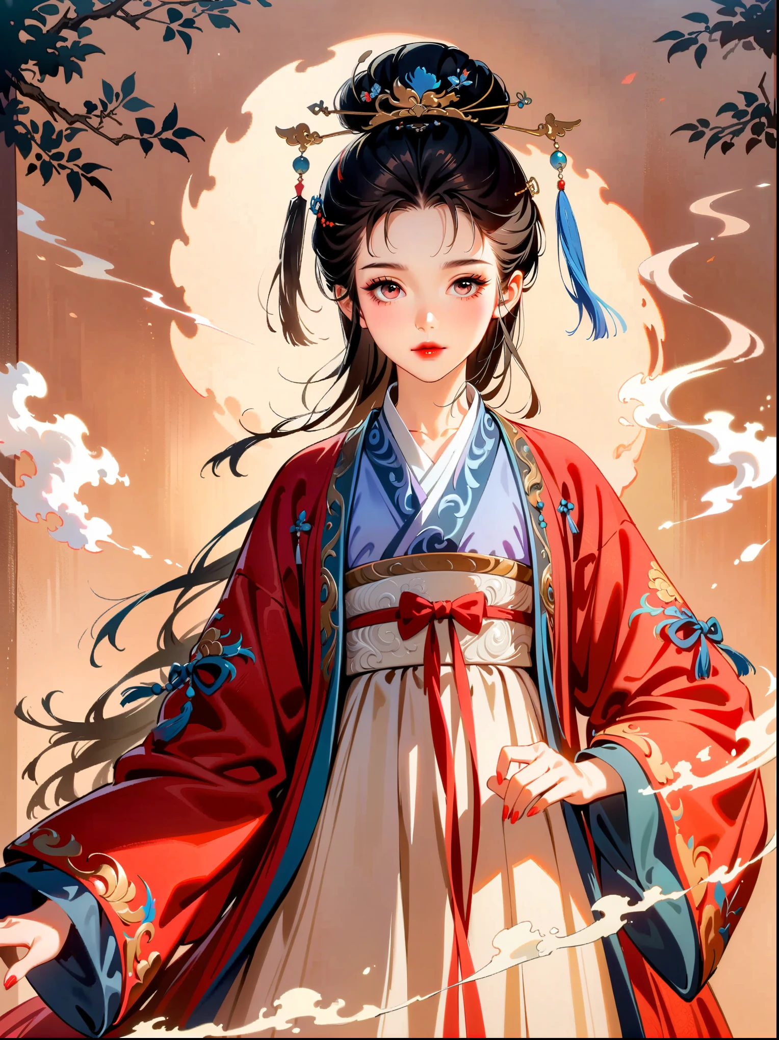 (cowboy shot:1.5), 1girl, Exquisite facial features, perfect face, pink eye shadow, red lips, stability, calmness, martial arts, Ming Dynasty Hanfu costume, (smoke: 1.2), (backlight: 1.2), (cinematic lighting, ray tracing, best quality, masterpiece , official art, extremely detailed cg unity 8k wallpaper, highly detailed, ridiculous, studio lighting, studio, high resolution)